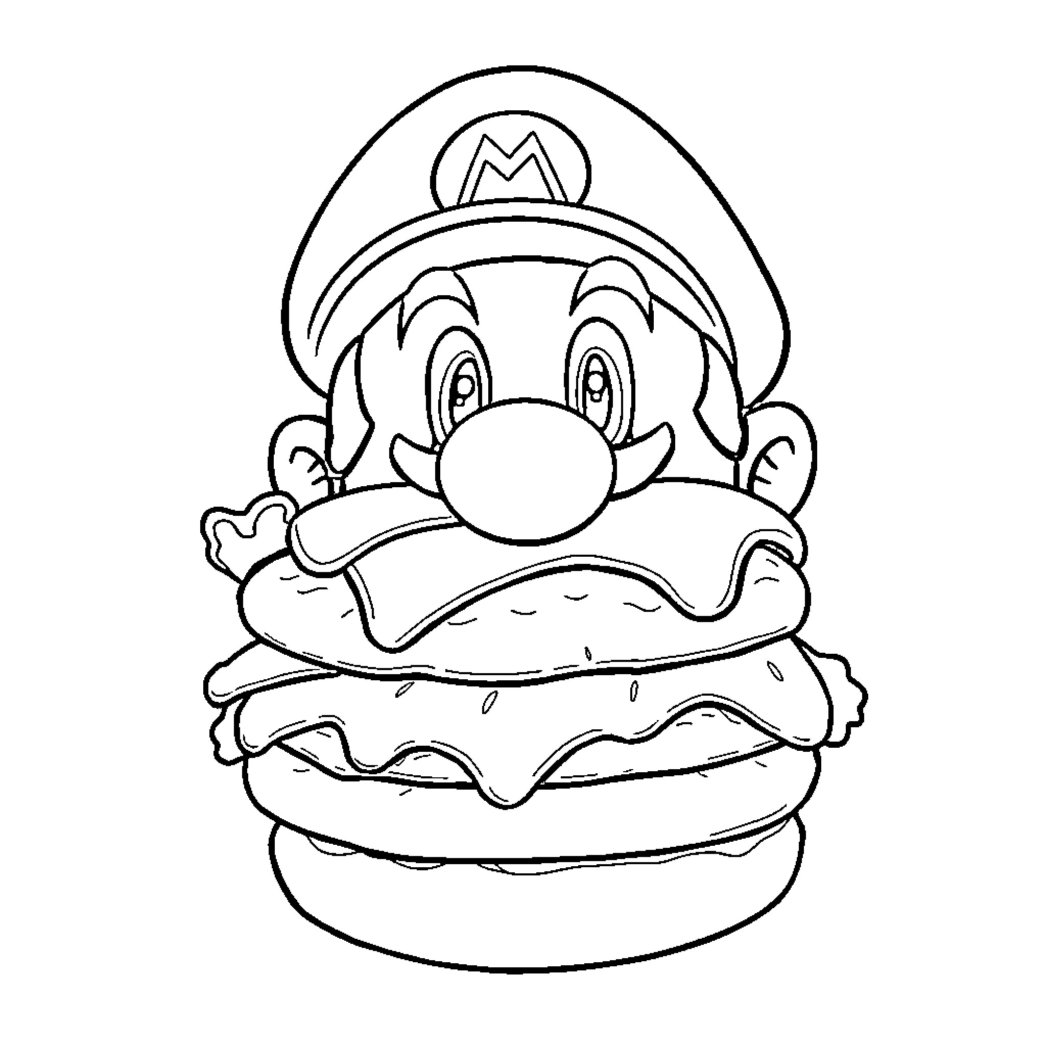 Mario in a humorous outfit and expression Coloring Page (free black-and-white line drawing printable PDF for all, from beginners to advanced learners, including children, teens, adults, and seniors)