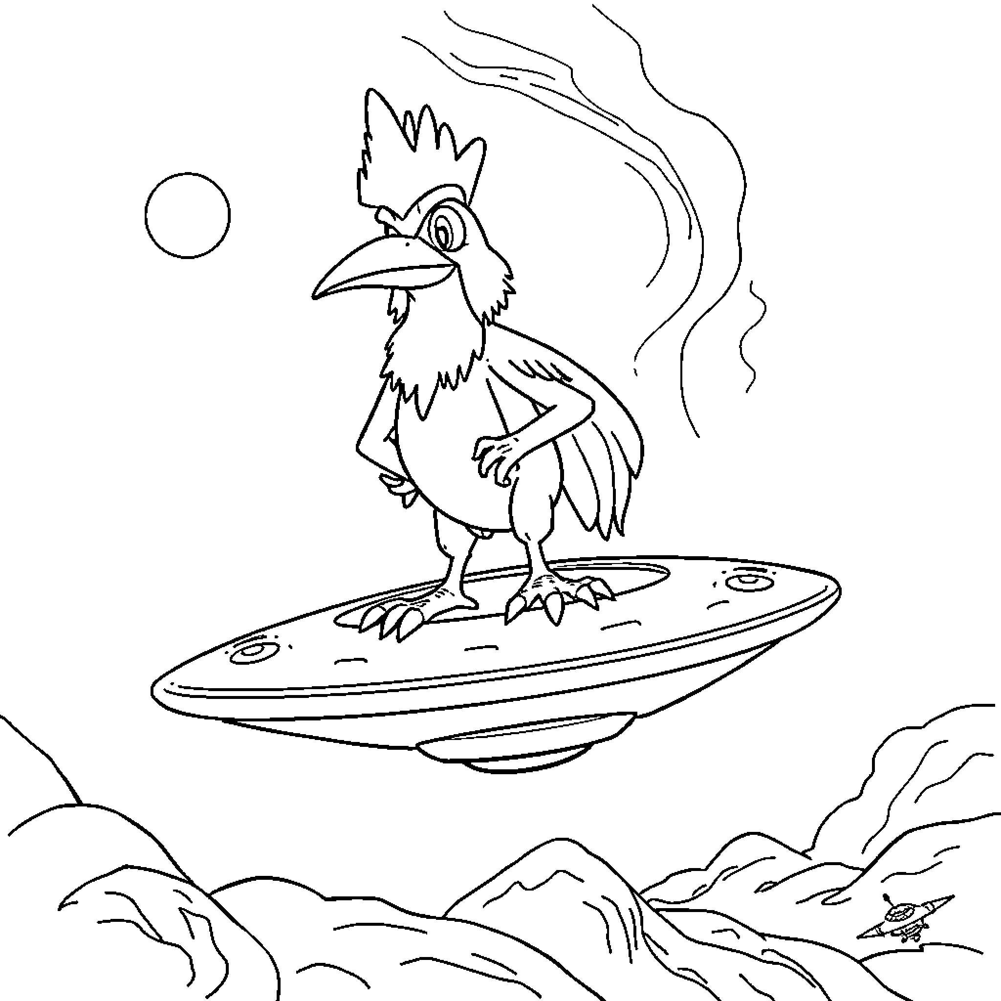 Goldorak's Playful Alien Encounter Coloring Page (free black-and-white line drawing printable PDF for all, from beginners to advanced learners, including children, teens, adults, and seniors)