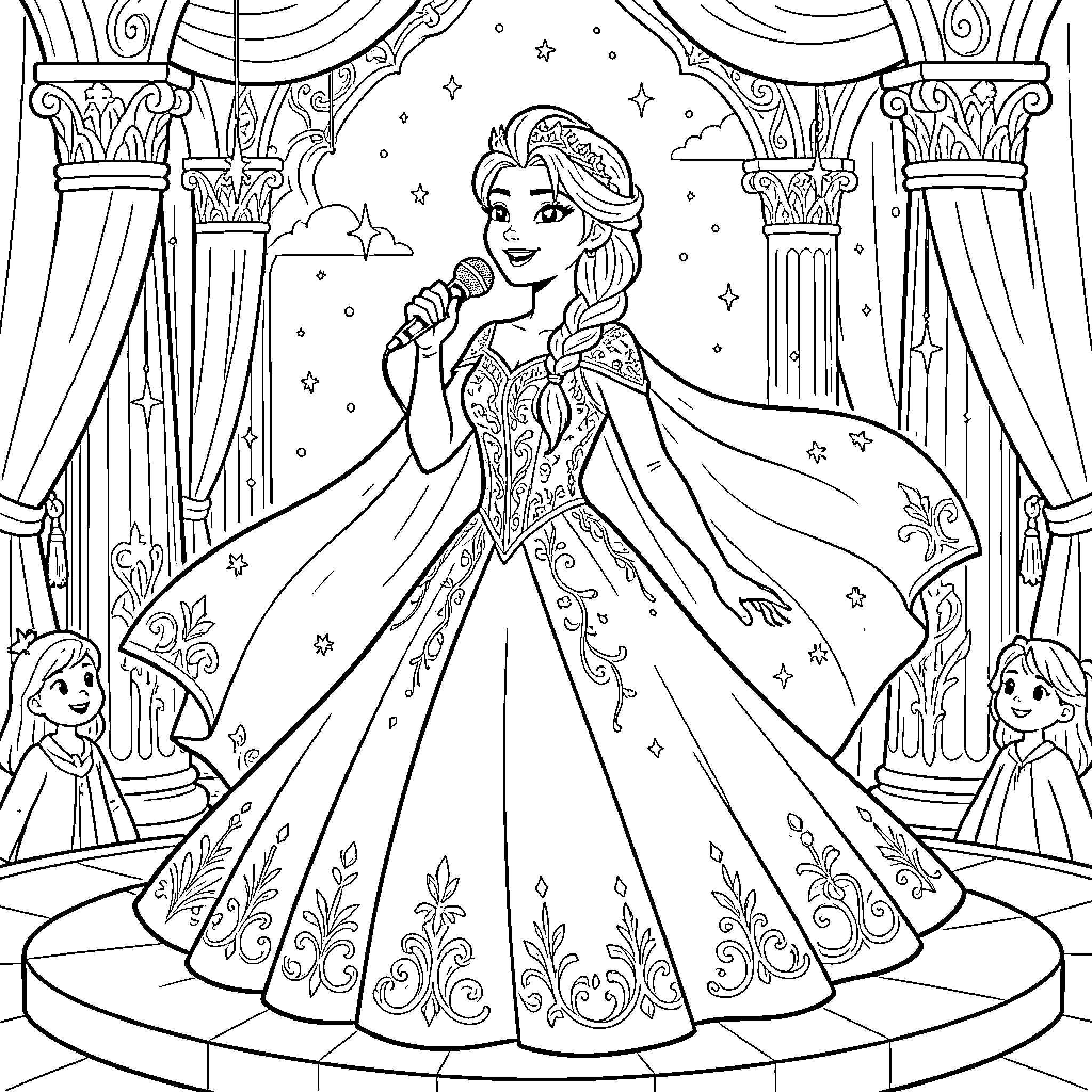 Elsa singing gracefully on a stage with a microphone Coloring Page (free black-and-white line drawing printable PDF for all, from beginners to advanced learners, including children, teens, adults, and seniors)