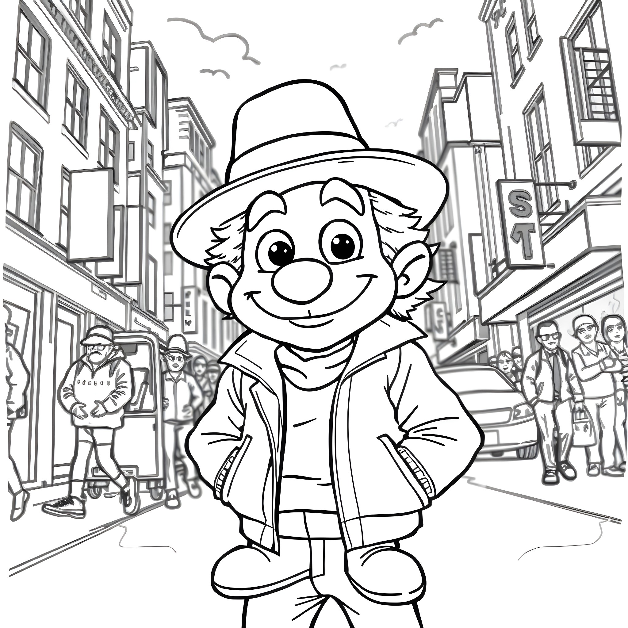 Tyrone Biggums exploring the lively city streets Coloring Page (free black-and-white line drawing printable PDF for all, from beginners to advanced learners, including children, teens, adults, and seniors)