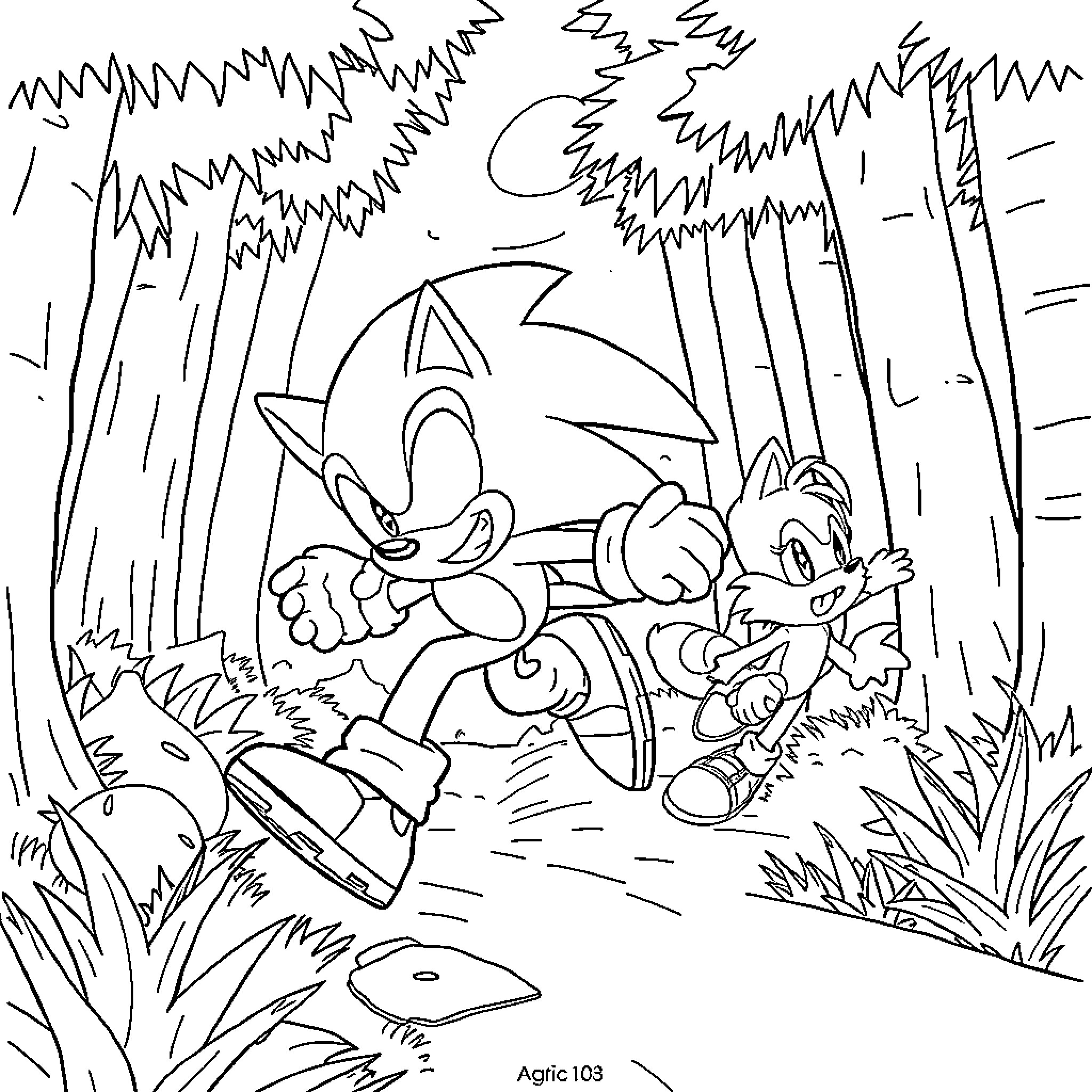 Sonic's Adventurous Journey in the Lush Forest Coloring Page (free black-and-white line drawing printable PDF for all, from beginners to advanced learners, including children, teens, adults, and seniors)