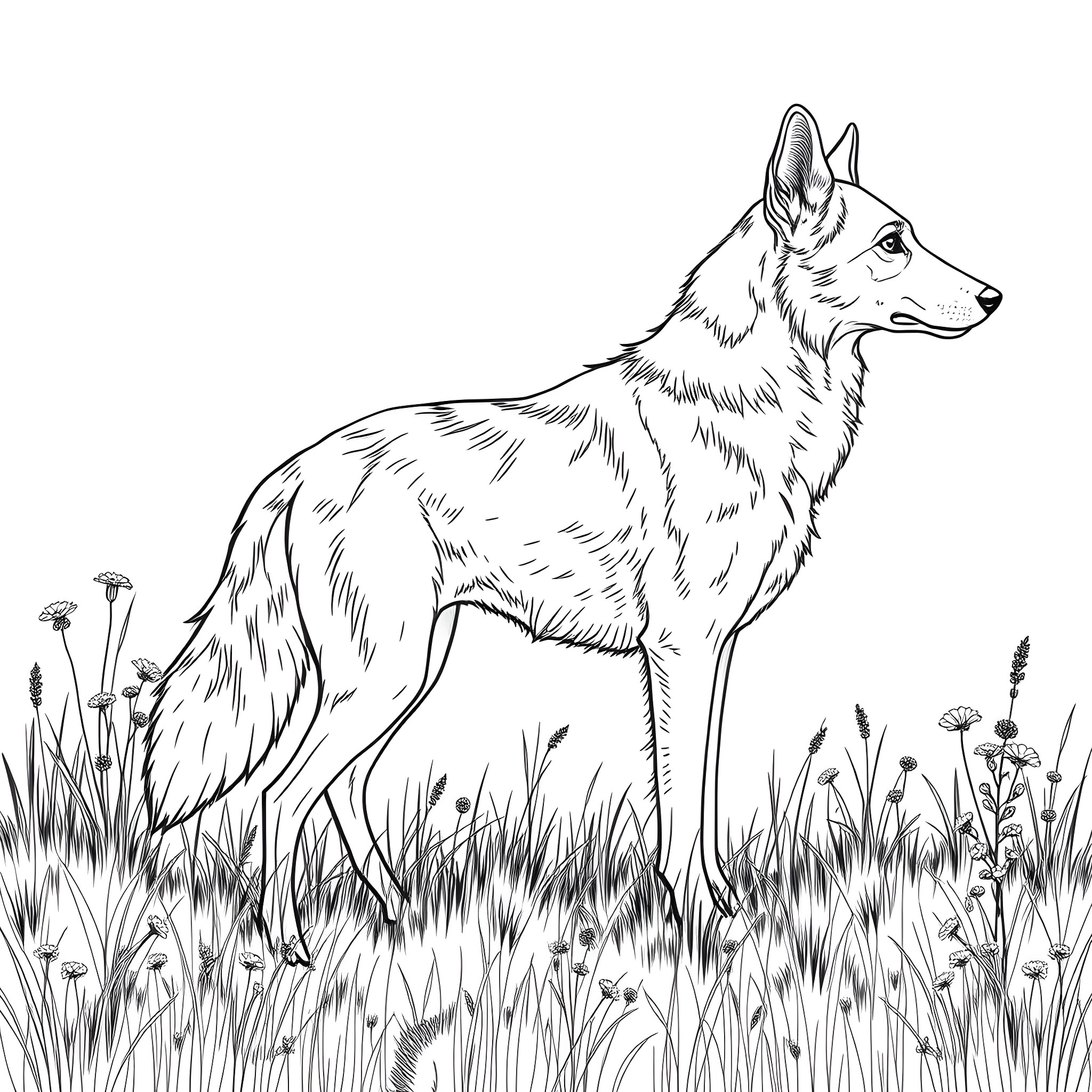 Wild Dog Standing in the Tall Grass Coloring Page (free black-and-white line drawing printable PDF for all, from beginners to advanced learners, including children, teens, adults, and seniors)