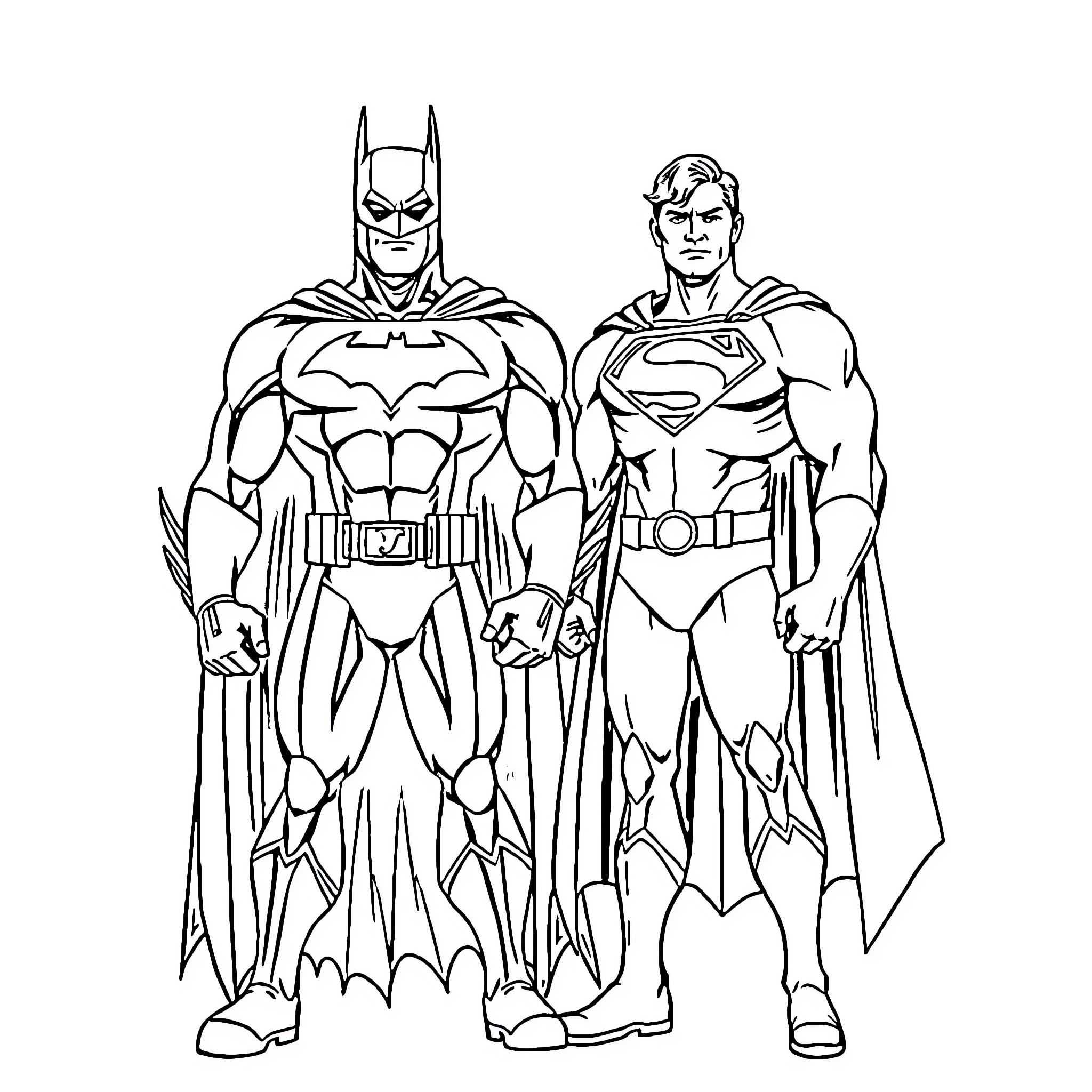 Batman and Superman stand together in heroic poses Coloring Page (free black-and-white line drawing printable PDF for all, from beginners to advanced learners, including children, teens, adults, and seniors)