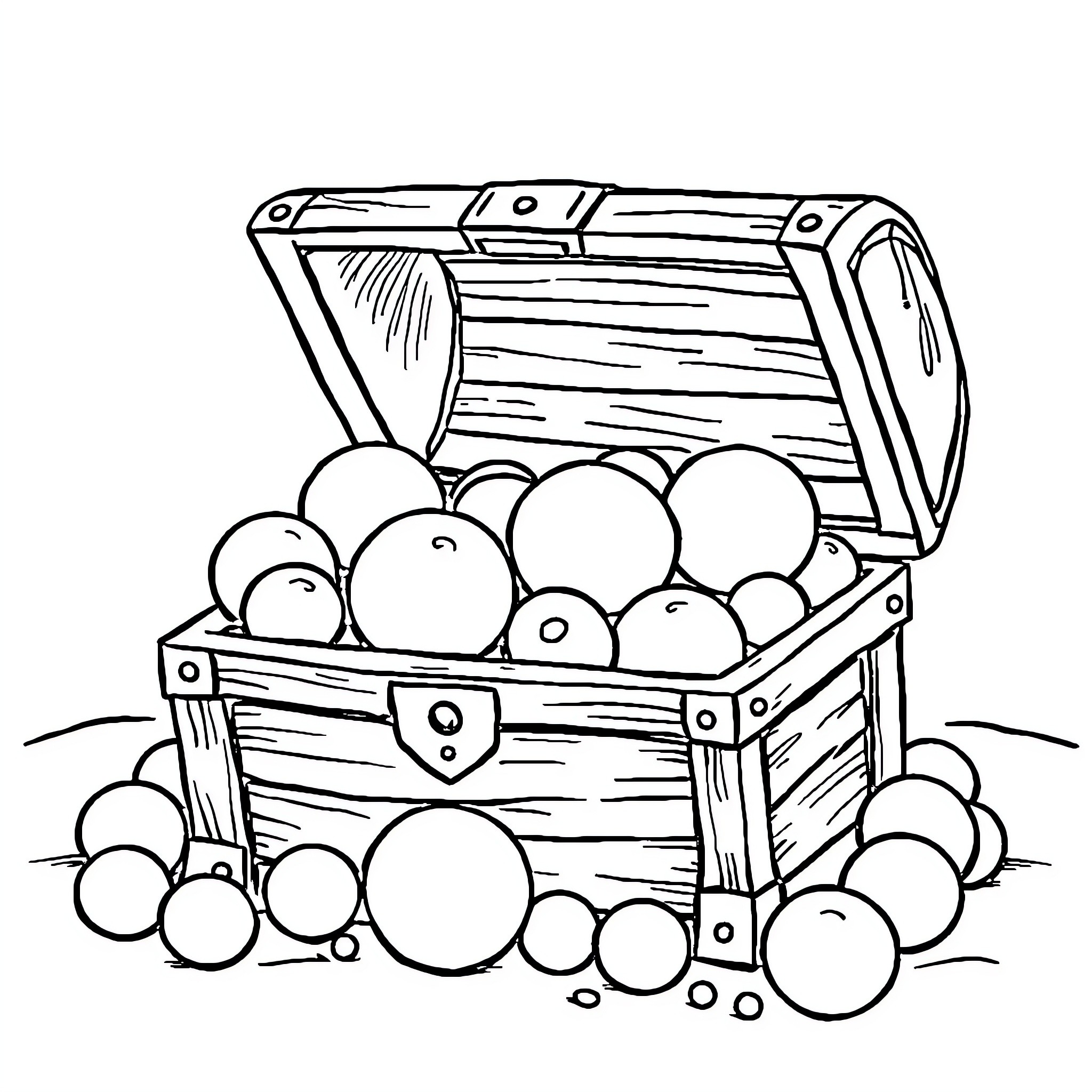 Treasure Chest Filled with Shiny Spherical Objects Coloring Page (free black-and-white line drawing printable PDF for all, from beginners to advanced learners, including children, teens, adults, and seniors)