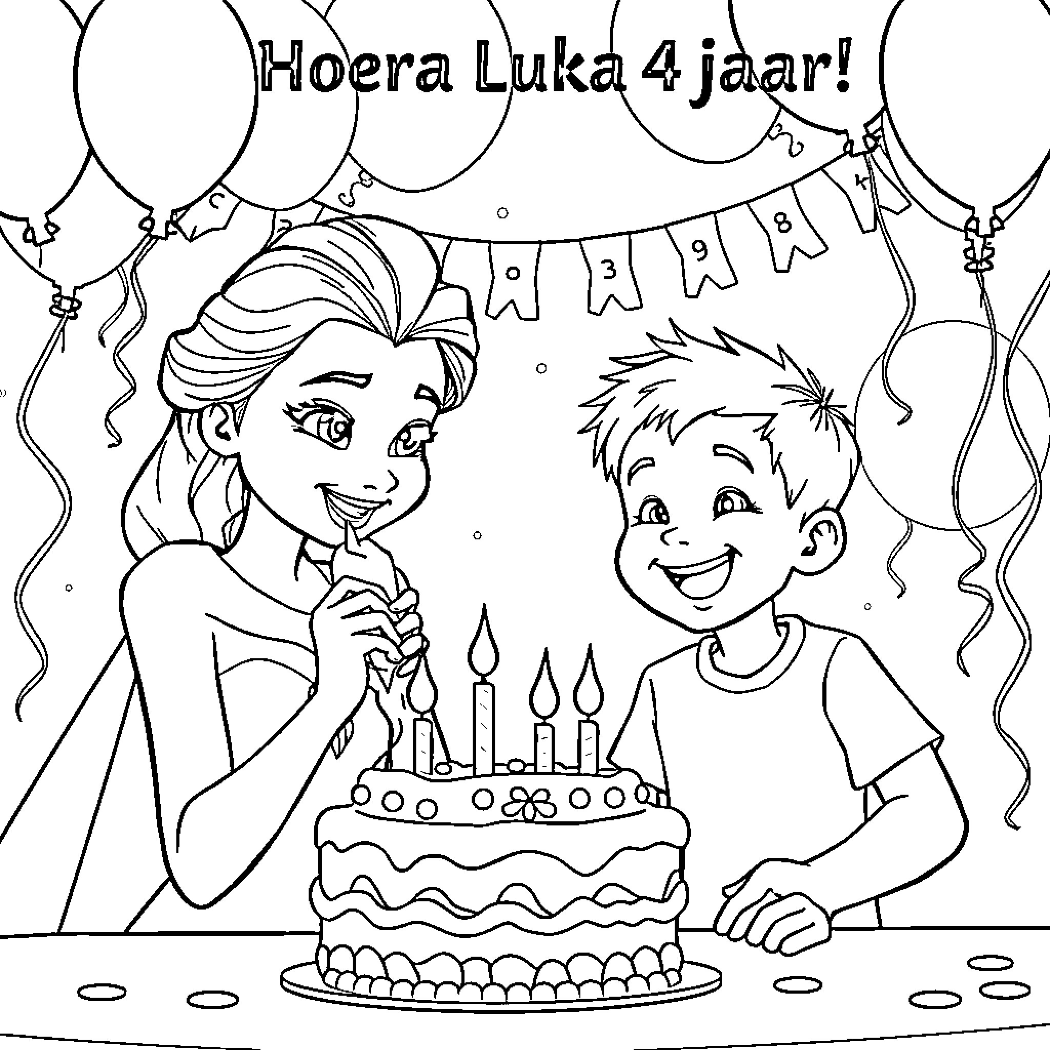 Elsa celebrating Luka's 4th birthday with a party Coloring Page (free black-and-white line drawing printable PDF for all, from beginners to advanced learners, including children, teens, adults, and seniors)