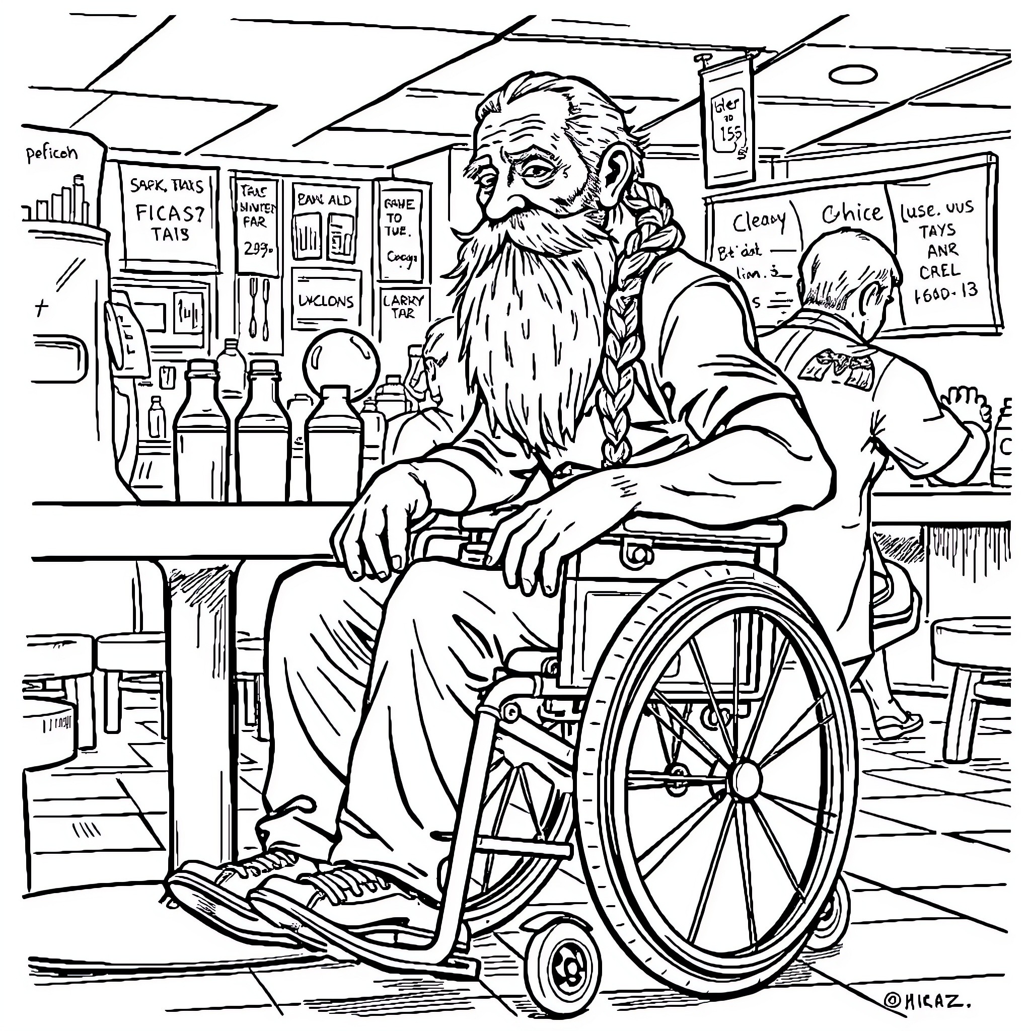 Biker in wheelchair at the bar Coloring Page (free black-and-white line drawing printable PDF for all, from beginners to advanced learners, including children, teens, adults, and seniors)