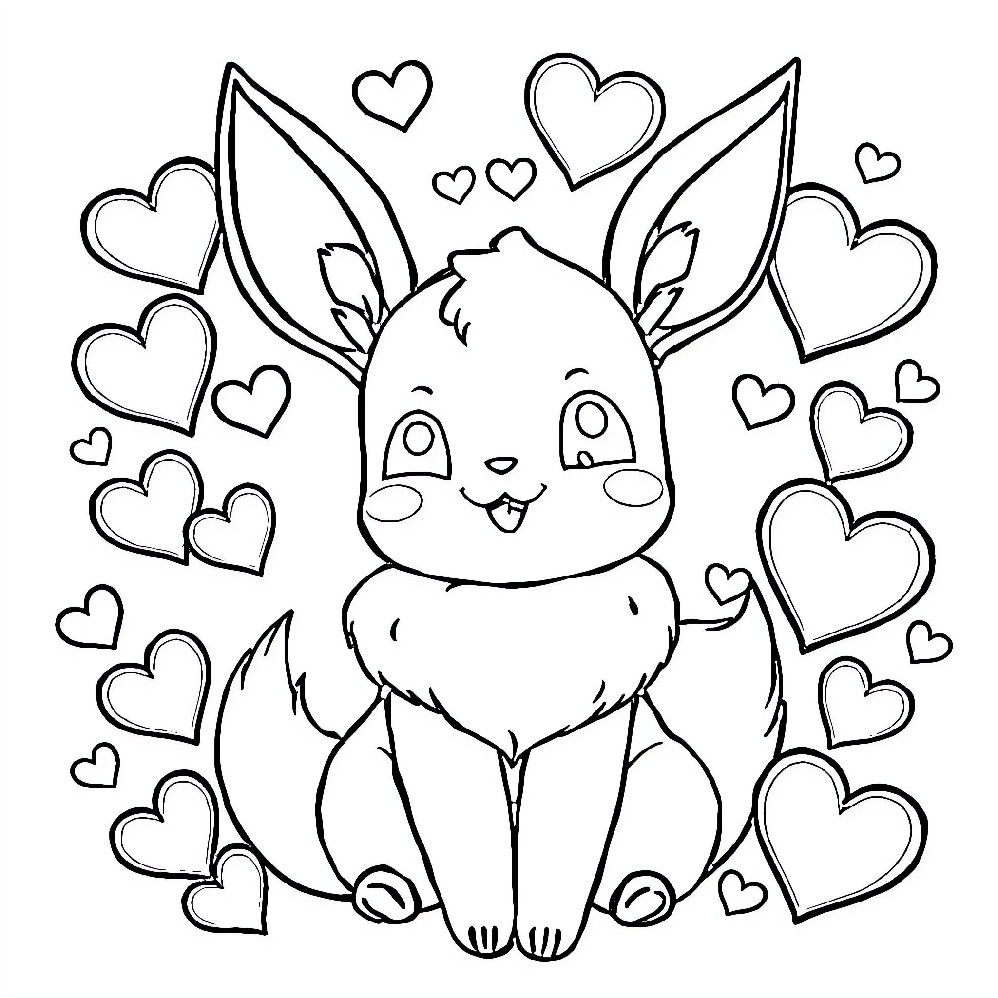 Eevee surrounded by hearts Coloring Page (free black-and-white line drawing printable PDF for all, from beginners to advanced learners, including children, teens, adults, and seniors)