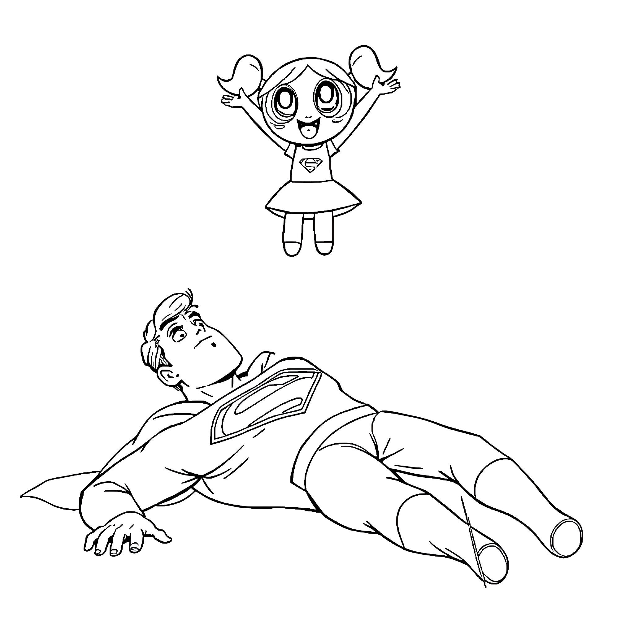 Superman's Comical Encounter with a Mysterious Figure Coloring Page (free black-and-white line drawing printable PDF for all, from beginners to advanced learners, including children, teens, adults, and seniors)