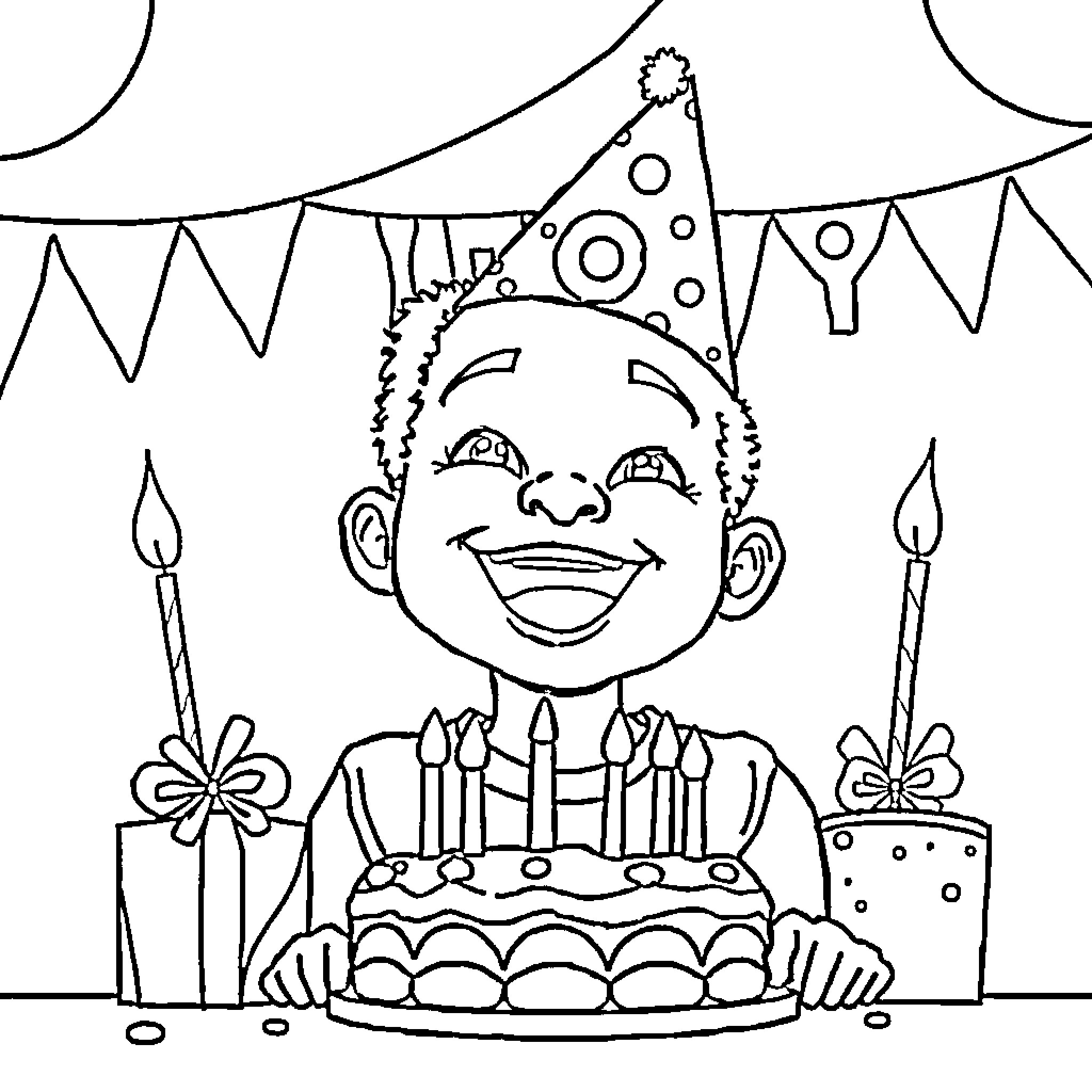 Boy celebrating birthday with cake and candles Coloring Page (free black-and-white line drawing printable PDF for all, from beginners to advanced learners, including children, teens, adults, and seniors)