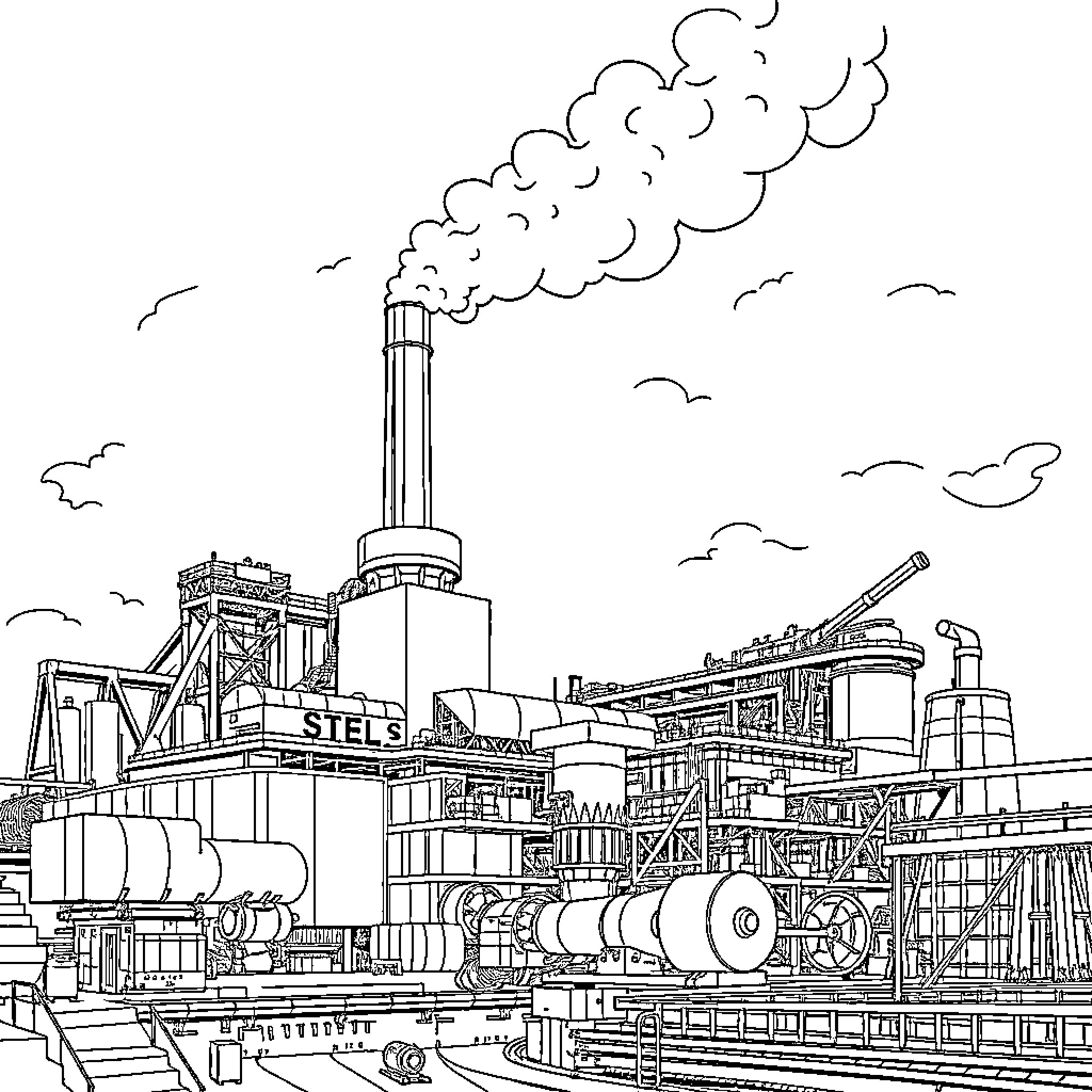Steel Mill with Smoky Chimneys and Industrial Equipment Coloring Page (free black-and-white line drawing printable PDF for all, from beginners to advanced learners, including children, teens, adults, and seniors)