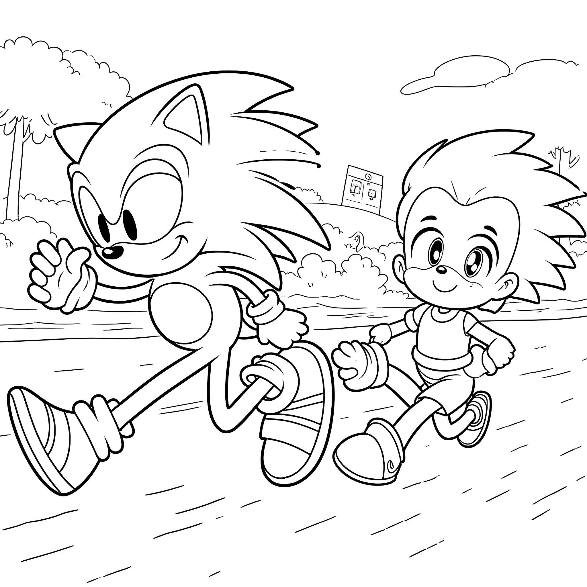 Sonic and friend playing in the park Coloring Page (free black-and-white line drawing printable PDF for all, from beginners to advanced learners, including children, teens, adults, and seniors)