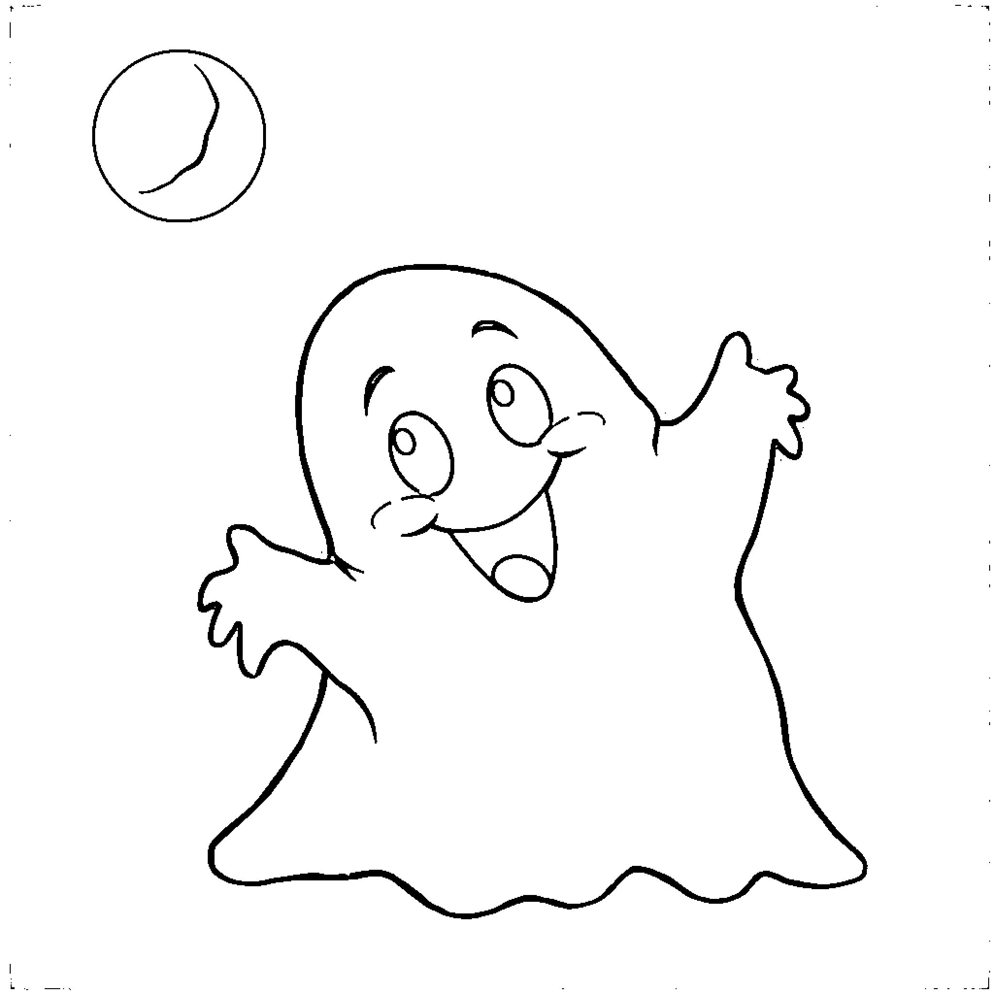 Boo! Friendly ghost waving in the moonlight Coloring Page (free black-and-white line drawing printable PDF for all, from beginners to advanced learners, including children, teens, adults, and seniors)