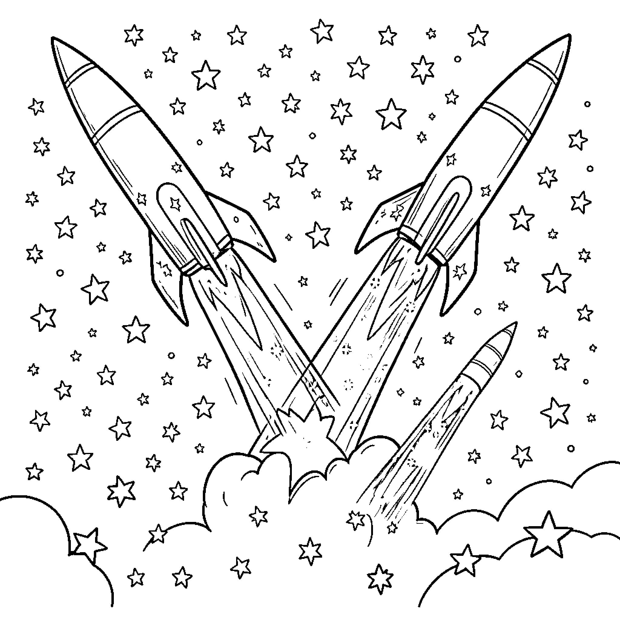 Rocket ships soaring among stars in the night sky Coloring Page (free black-and-white line drawing printable PDF for all, from beginners to advanced learners, including children, teens, adults, and seniors)