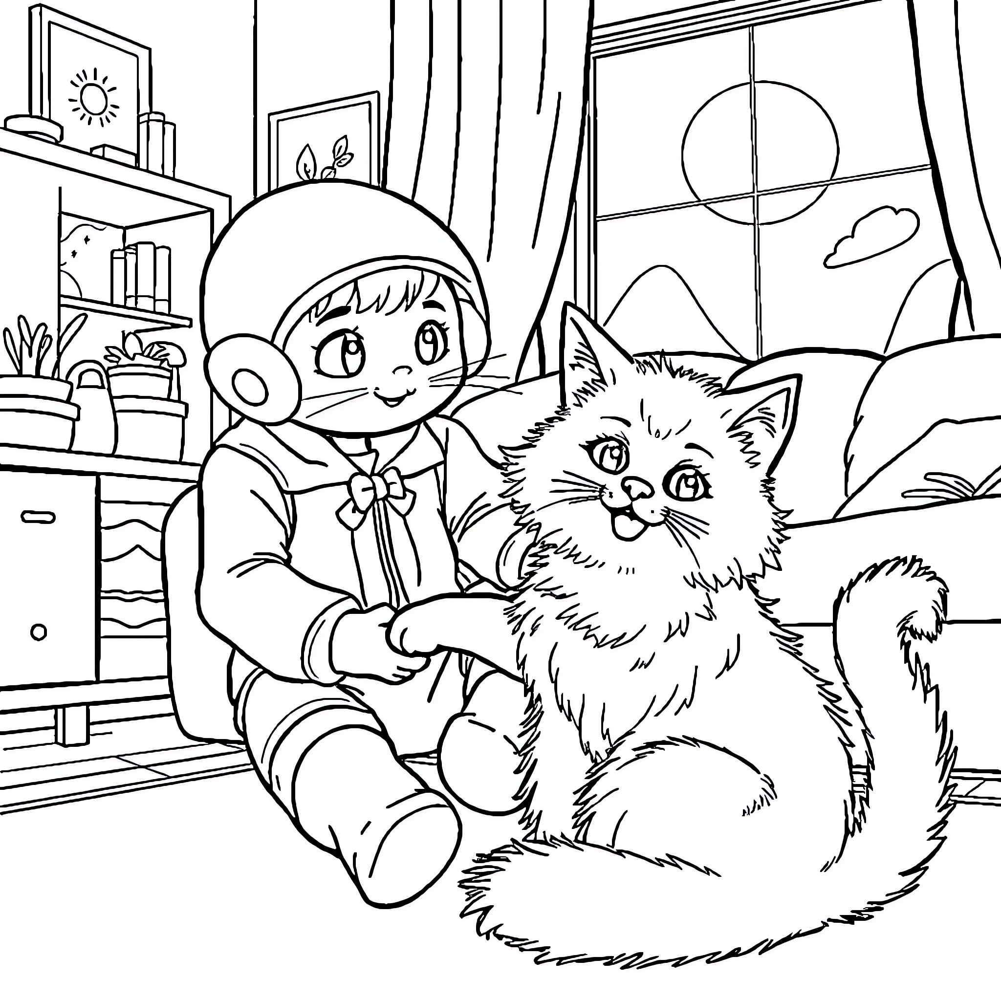 Jet playing with a pet cat in cozy room Coloring Page (free black-and-white line drawing printable PDF for all, from beginners to advanced learners, including children, teens, adults, and seniors)