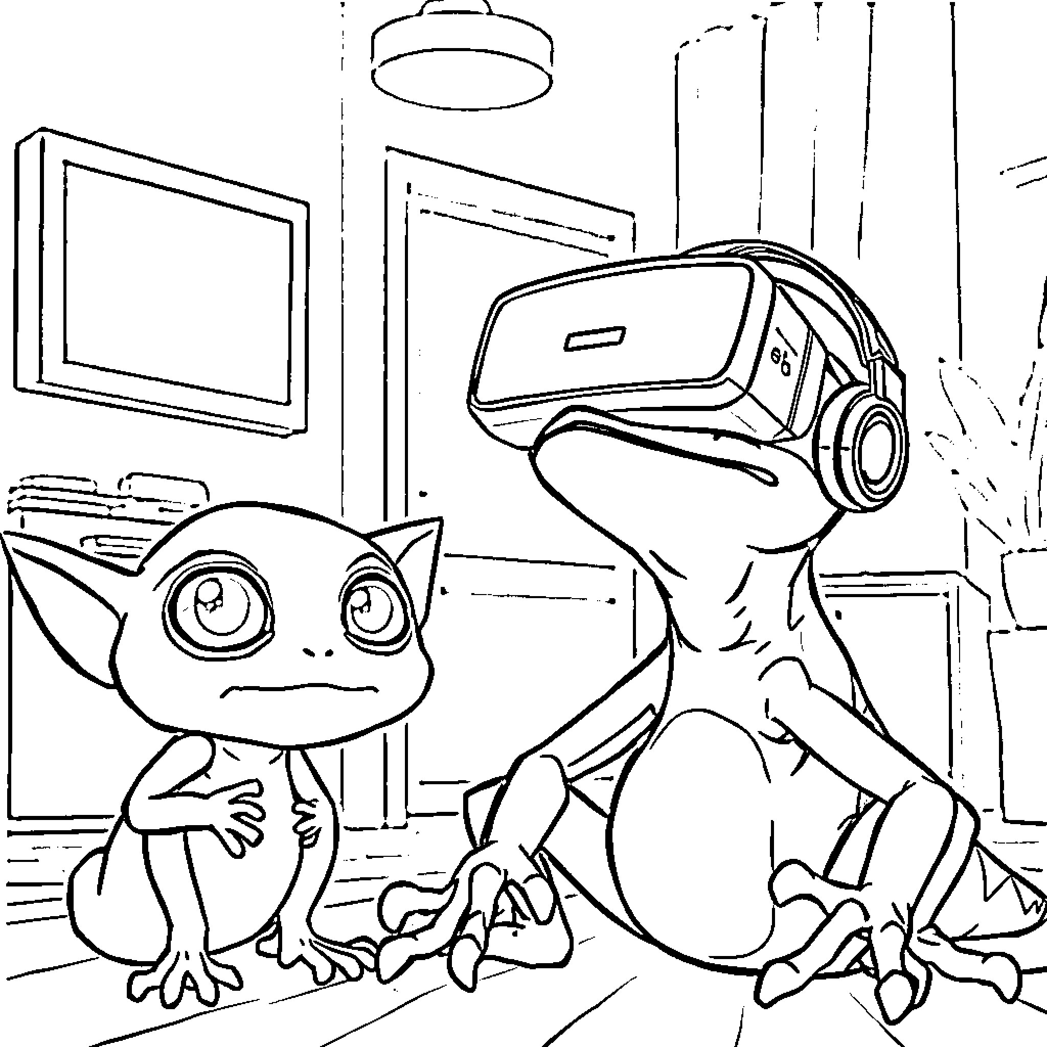 Gecko exploring virtual reality in living room Coloring Page (free black-and-white line drawing printable PDF for all, from beginners to advanced learners, including children, teens, adults, and seniors)