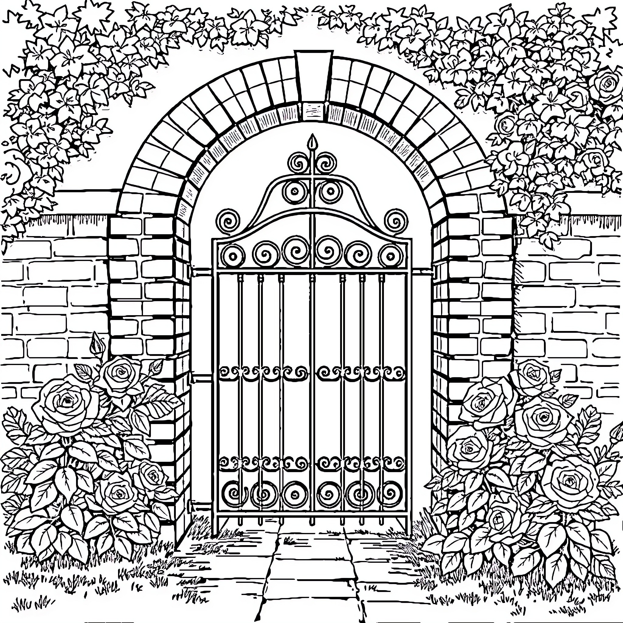 Garden Gate Surrounded by Blooming Flowers Coloring Page (free black-and-white line drawing printable PDF for all, from beginners to advanced learners, including children, teens, adults, and seniors)
