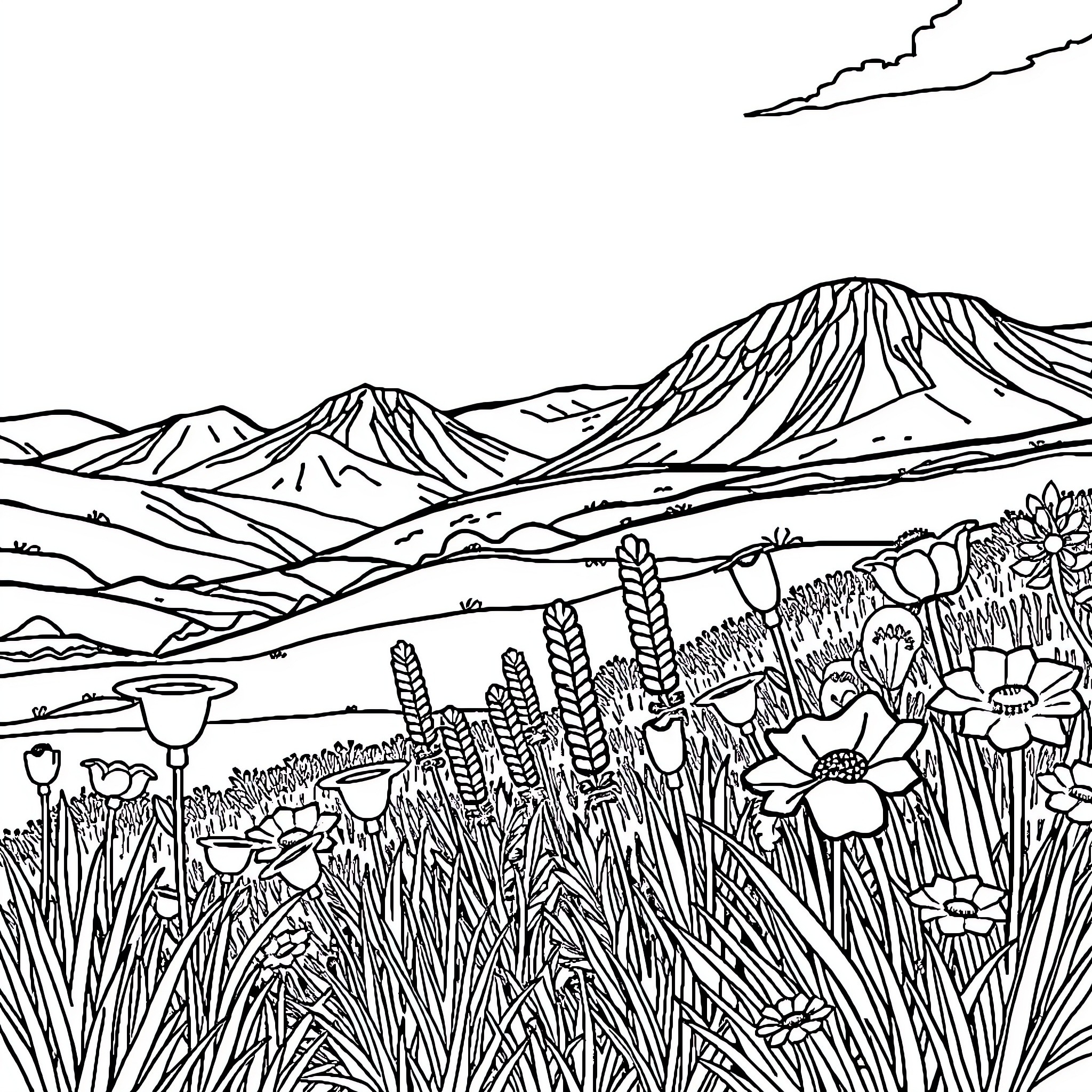fg Mountains and wildflowers in serene landscape Coloring Page (free black-and-white line drawing printable PDF for all, from beginners to advanced learners, including children, teens, adults, and seniors)