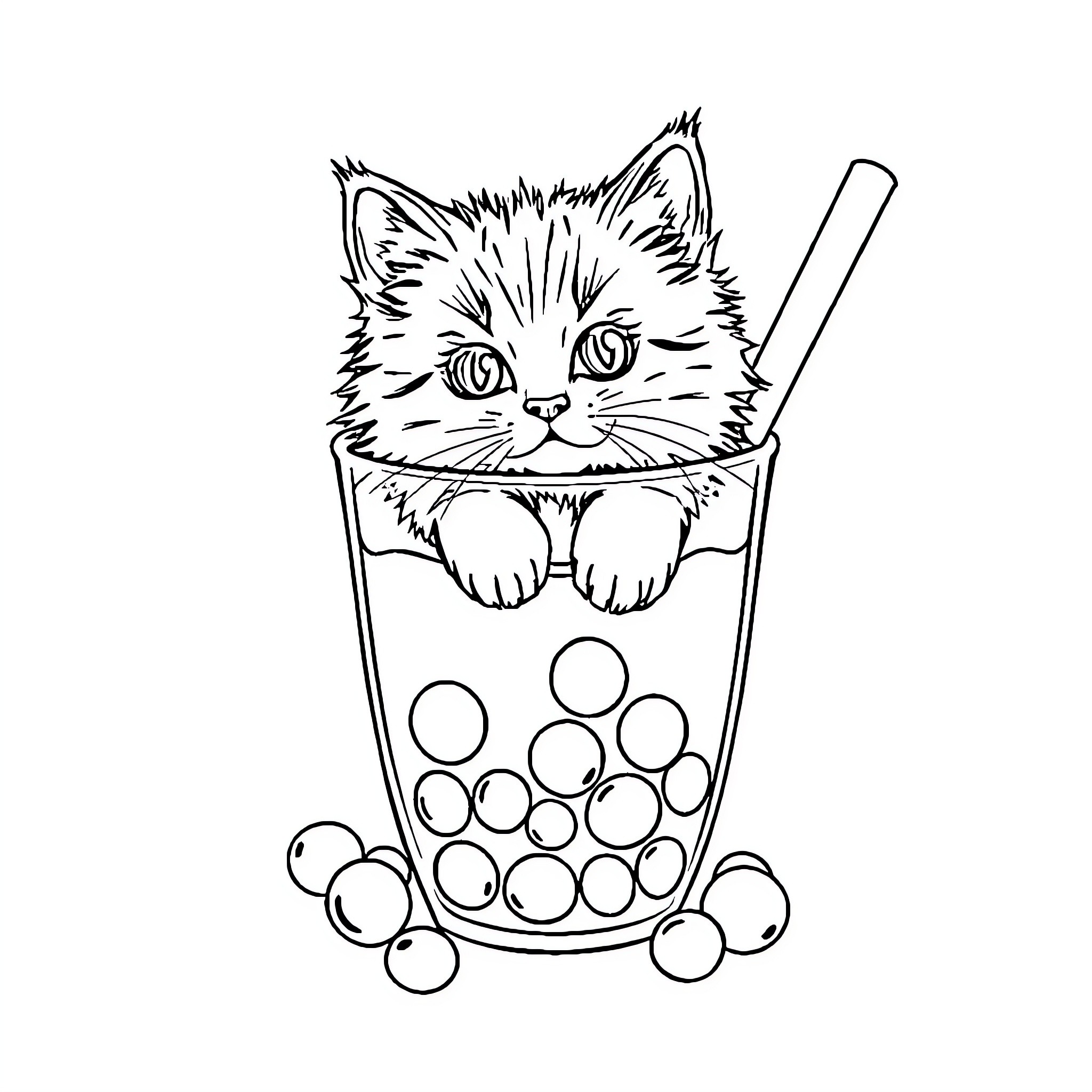 Cat peeking out from a bubble tea cup Coloring Page (free black-and-white line drawing printable PDF for all, from beginners to advanced learners, including children, teens, adults, and seniors)