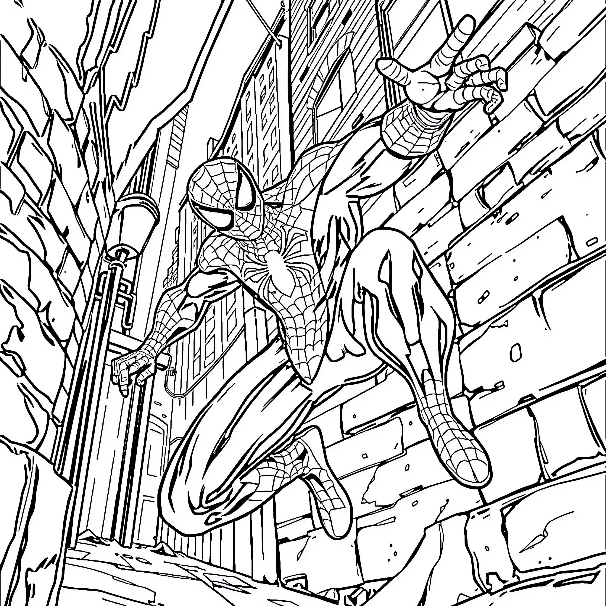 Spiderman swinging through the city with action and determination Coloring Page (free black-and-white line drawing printable PDF for all, from beginners to advanced learners, including children, teens, adults, and seniors)