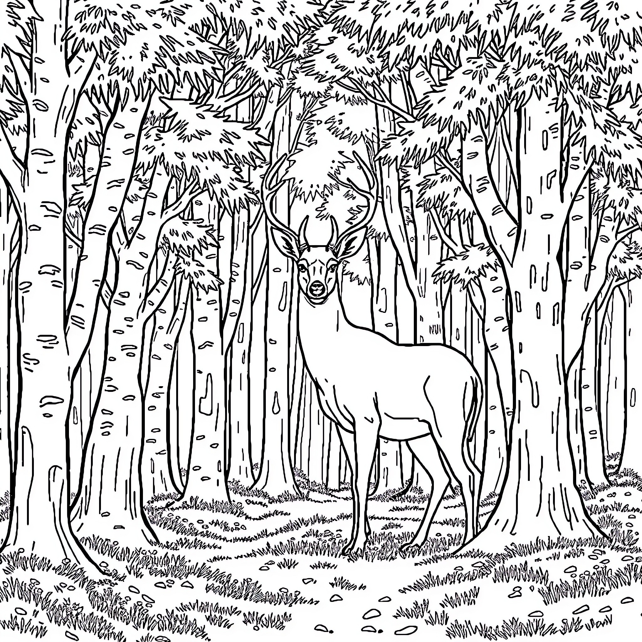 Deer standing in the tranquil forest Coloring Page (free black-and-white line drawing printable PDF for all, from beginners to advanced learners, including children, teens, adults, and seniors)