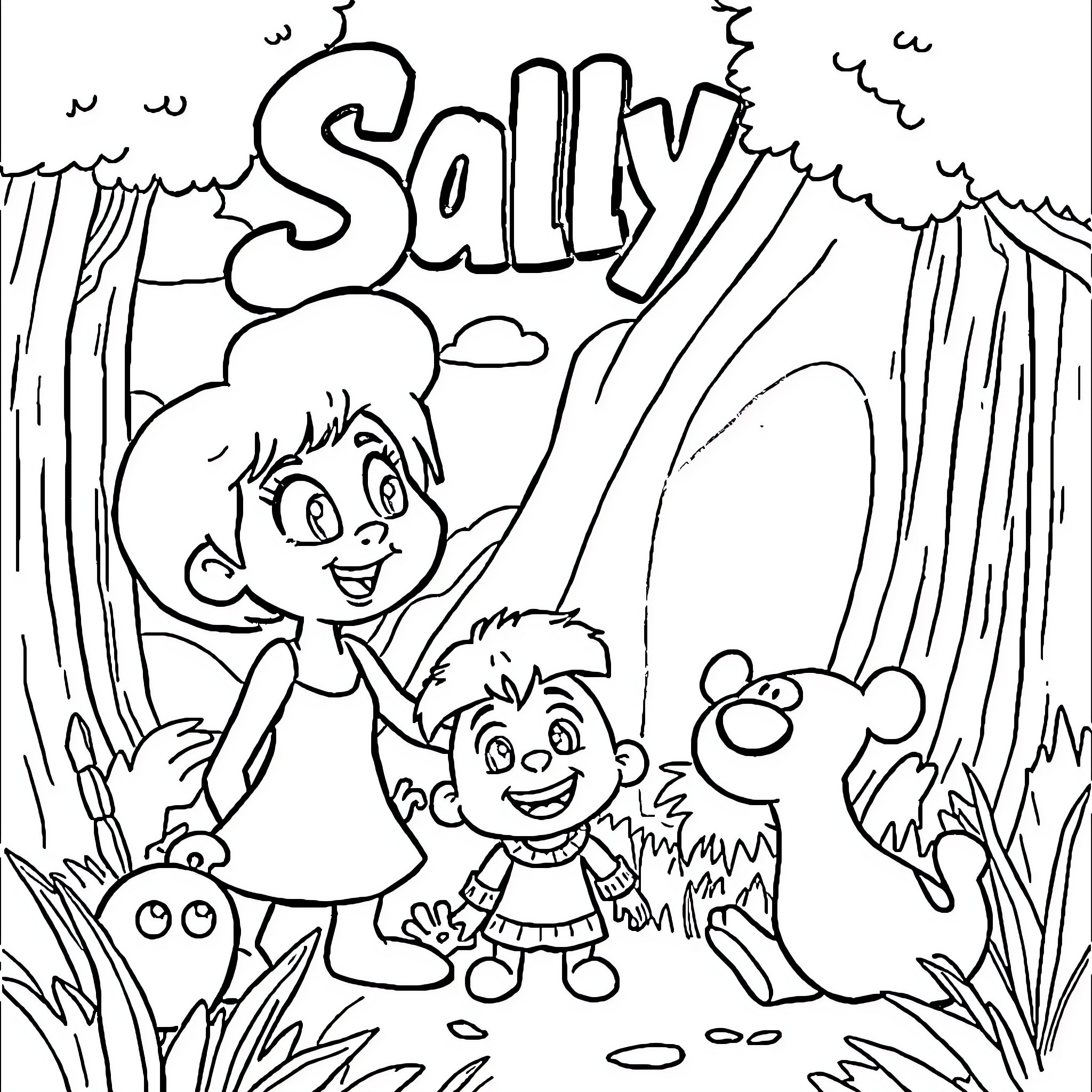 Sally's Exciting Adventure with Friends in the Woods Coloring Page (free black-and-white line drawing printable PDF for all, from beginners to advanced learners, including children, teens, adults, and seniors)
