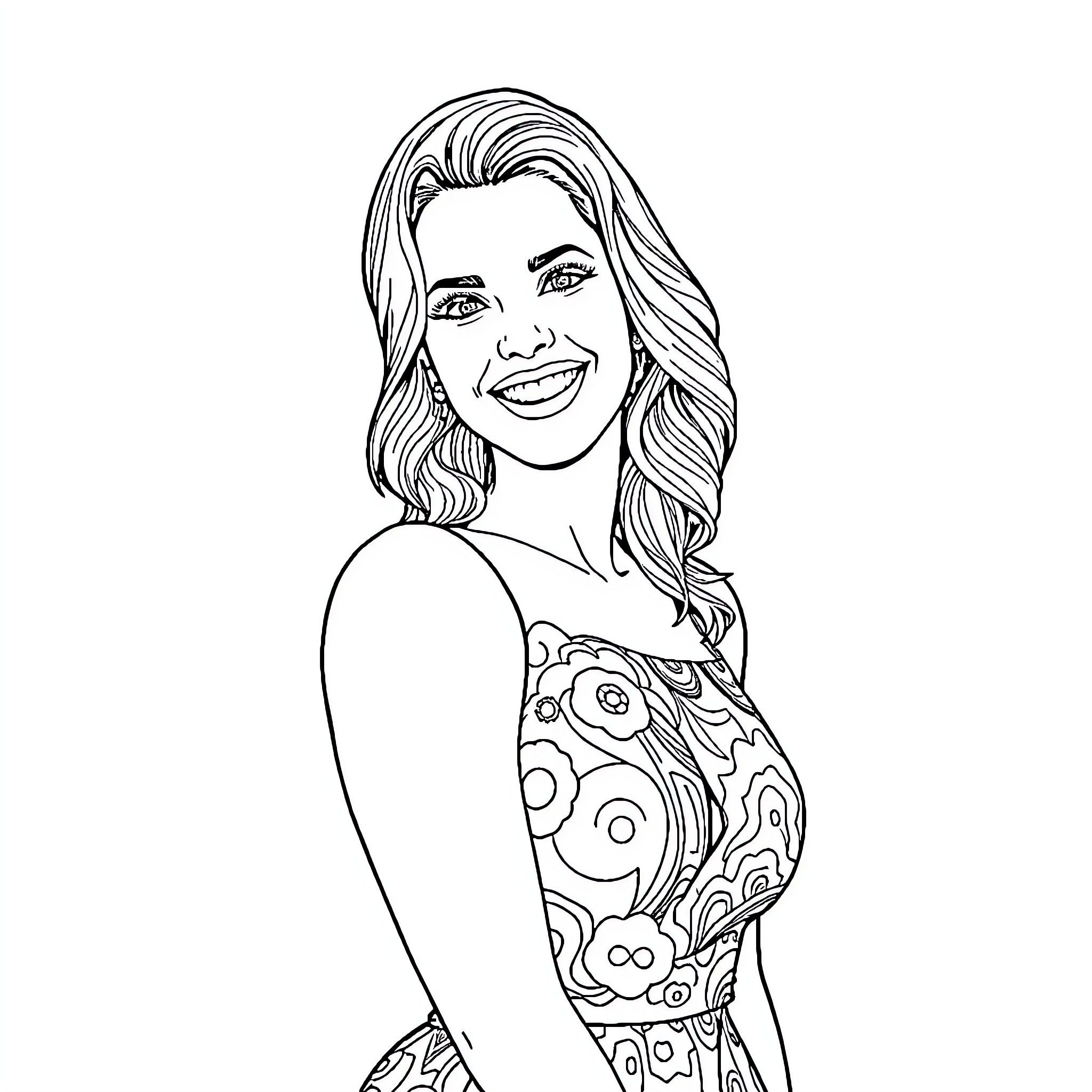Mia Malkova smiling in a stylish outfit Coloring Page (free black-and-white line drawing printable PDF for all, from beginners to advanced learners, including children, teens, adults, and seniors)