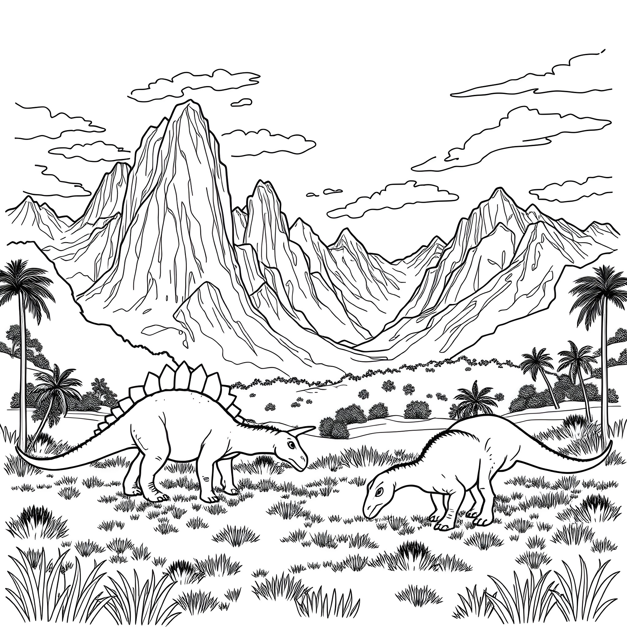 Dinosaurs roaming a prehistoric landscape Coloring Page (free black-and-white line drawing printable PDF for all, from beginners to advanced learners, including children, teens, adults, and seniors)