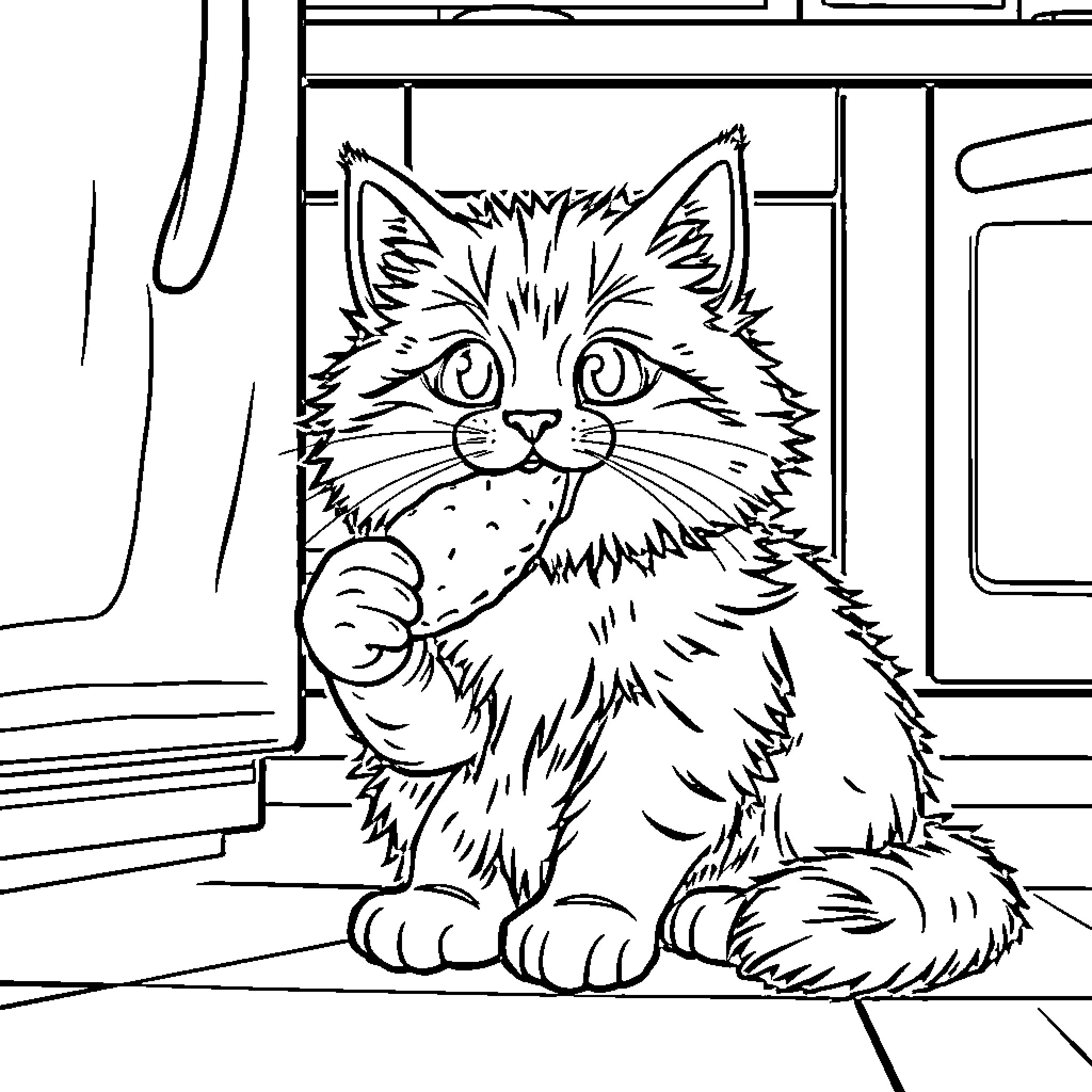 Cat sitting in front of a door Coloring Page (free black-and-white line drawing printable PDF for all, from beginners to advanced learners, including children, teens, adults, and seniors)
