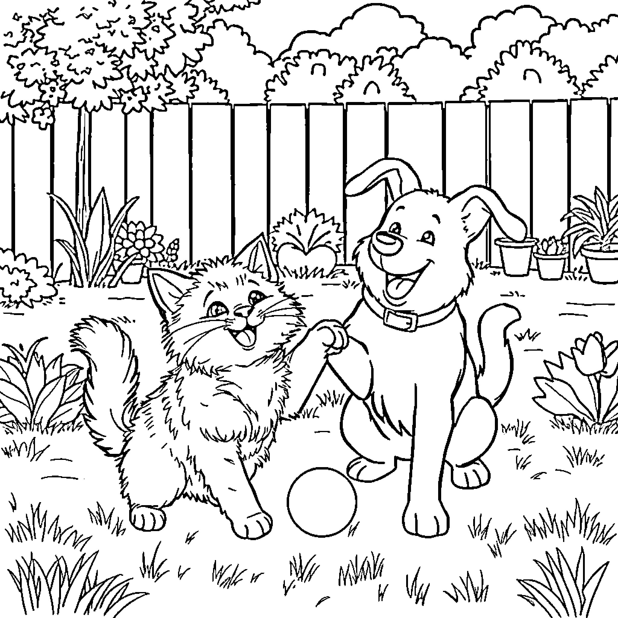 Cat and dog playing together in the garden Coloring Page (free black-and-white line drawing printable PDF for all, from beginners to advanced learners, including children, teens, adults, and seniors)