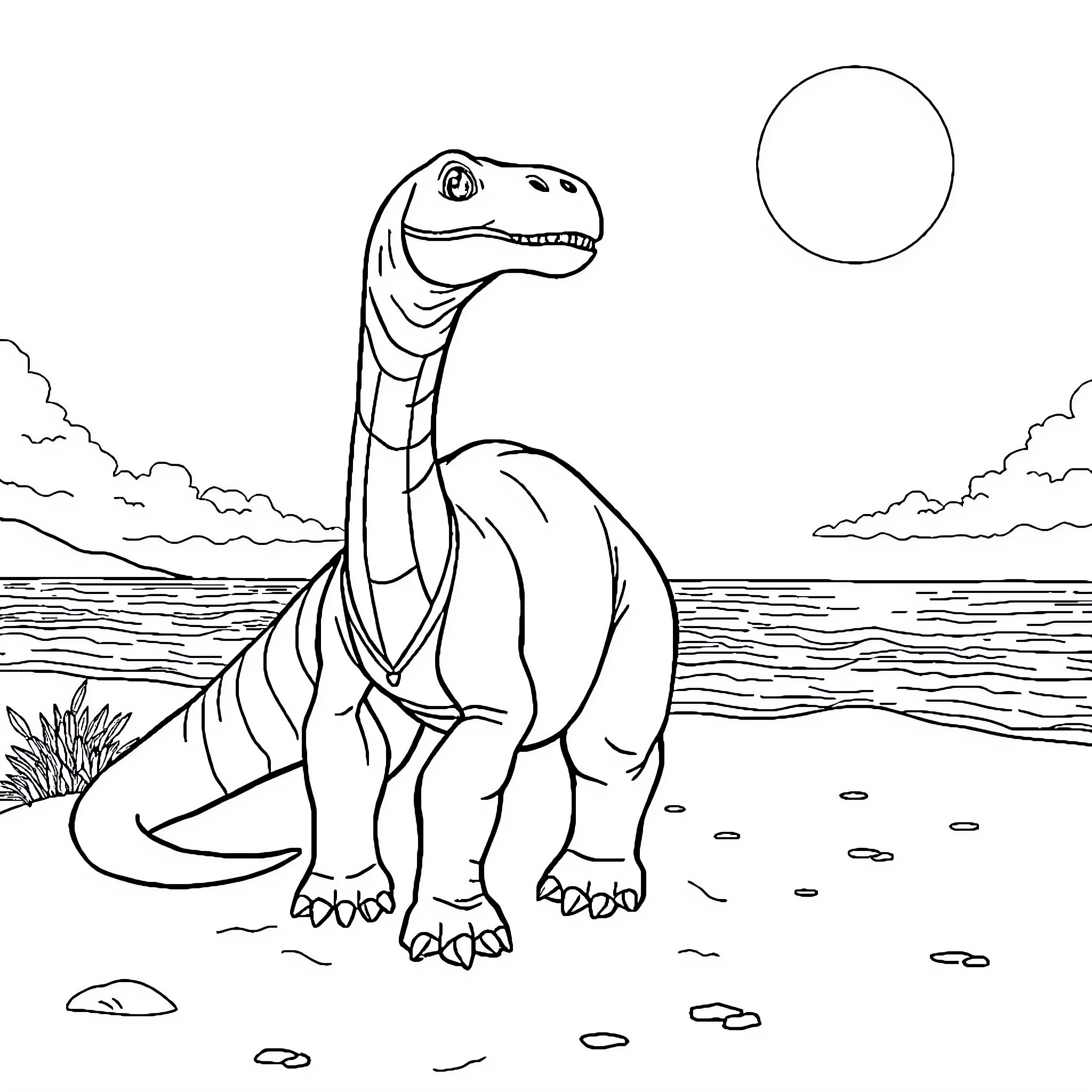 Diplodocus dinosaur enjoying scenic coastal view Coloring Page (free black-and-white line drawing printable PDF for all, from beginners to advanced learners, including children, teens, adults, and seniors)