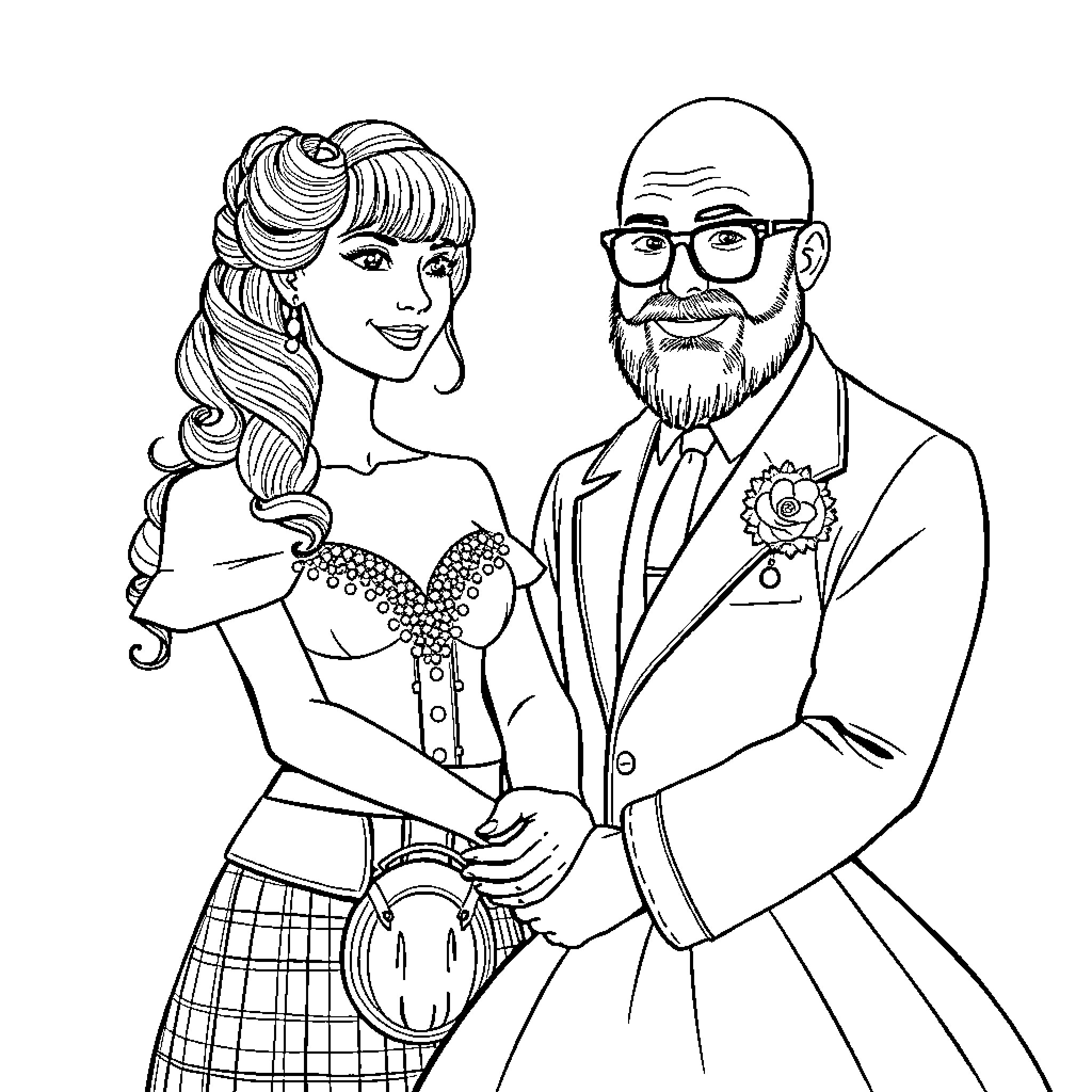 Wedding Couple's Joyful Celebration Coloring Page (free black-and-white line drawing printable PDF for all, from beginners to advanced learners, including children, teens, adults, and seniors)