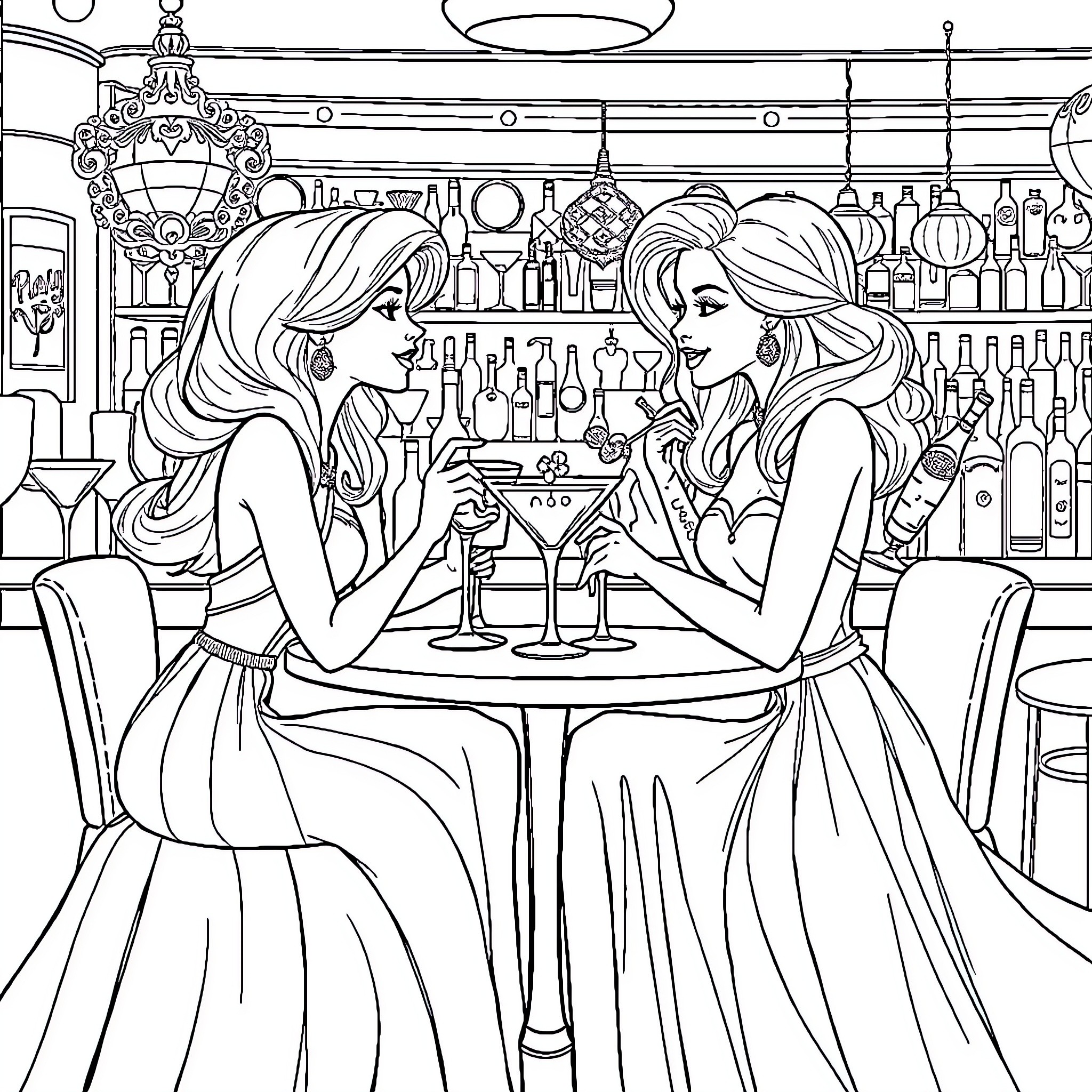 Princess friends enjoying cocktails in elegant bar Coloring Page (free black-and-white line drawing printable PDF for all, from beginners to advanced learners, including children, teens, adults, and seniors)