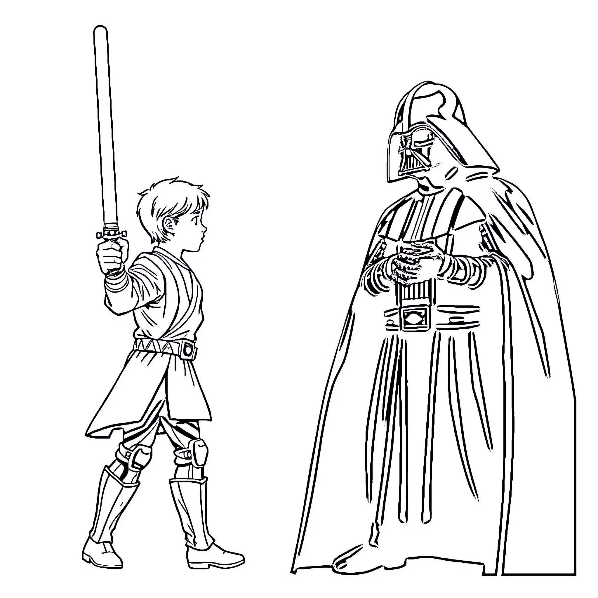 Cal Kestis confronting Darth Vader in epic battle Coloring Page (free black-and-white line drawing printable PDF for all, from beginners to advanced learners, including children, teens, adults, and seniors)