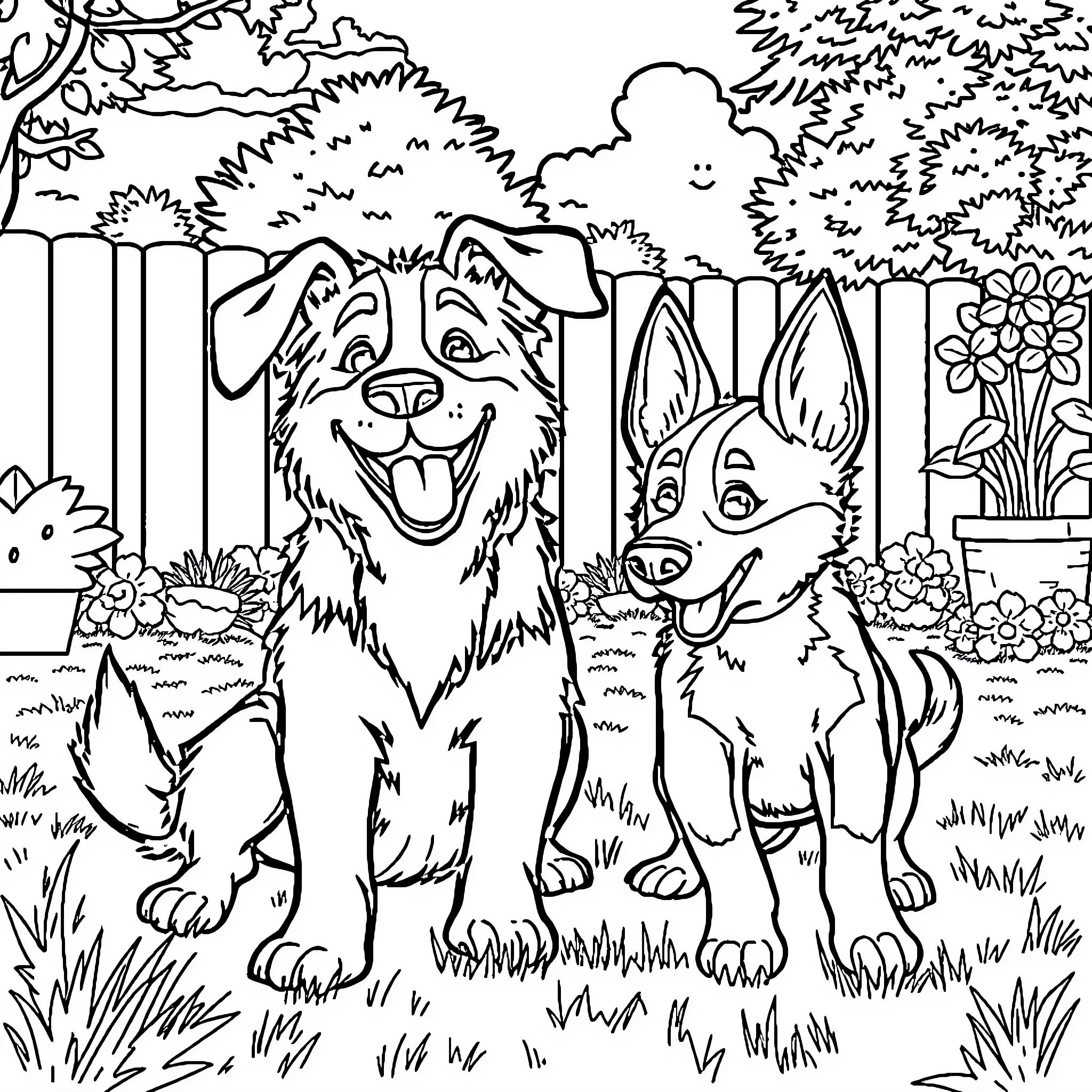 Huntrix: Friendly Canine Companions in Nature Coloring Page (free black-and-white line drawing printable PDF for all, from beginners to advanced learners, including children, teens, adults, and seniors)