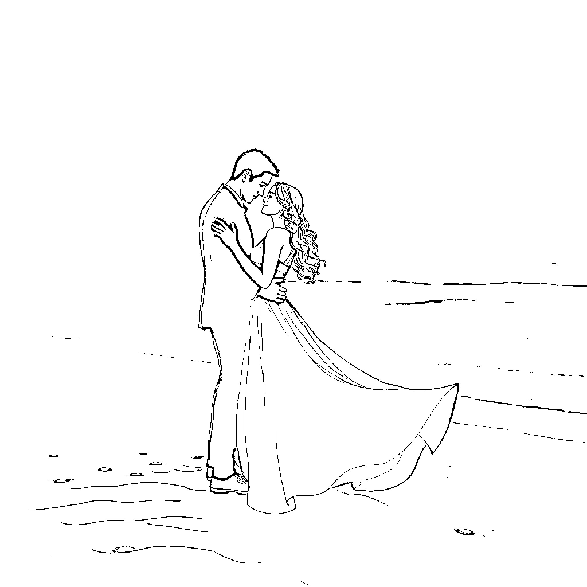 Couple embracing tenderly on the beach Coloring Page (free black-and-white line drawing printable PDF for all, from beginners to advanced learners, including children, teens, adults, and seniors)