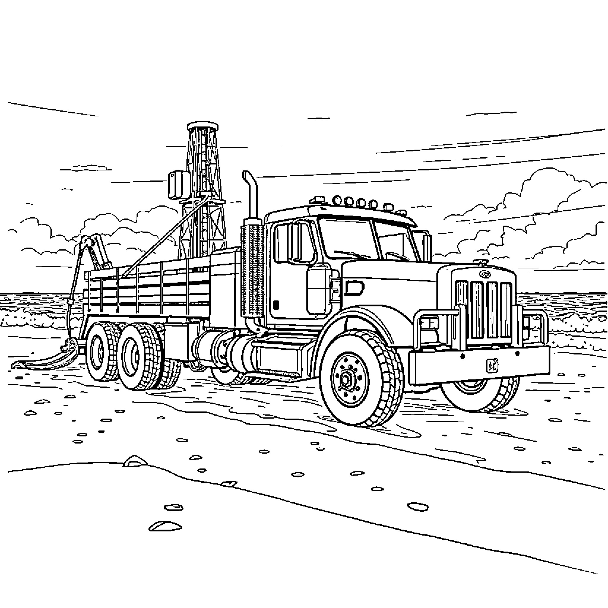 Slickline Truck Transporting Equipment on Remote Terrain Coloring Page (free black-and-white line drawing printable PDF for all, from beginners to advanced learners, including children, teens, adults, and seniors)