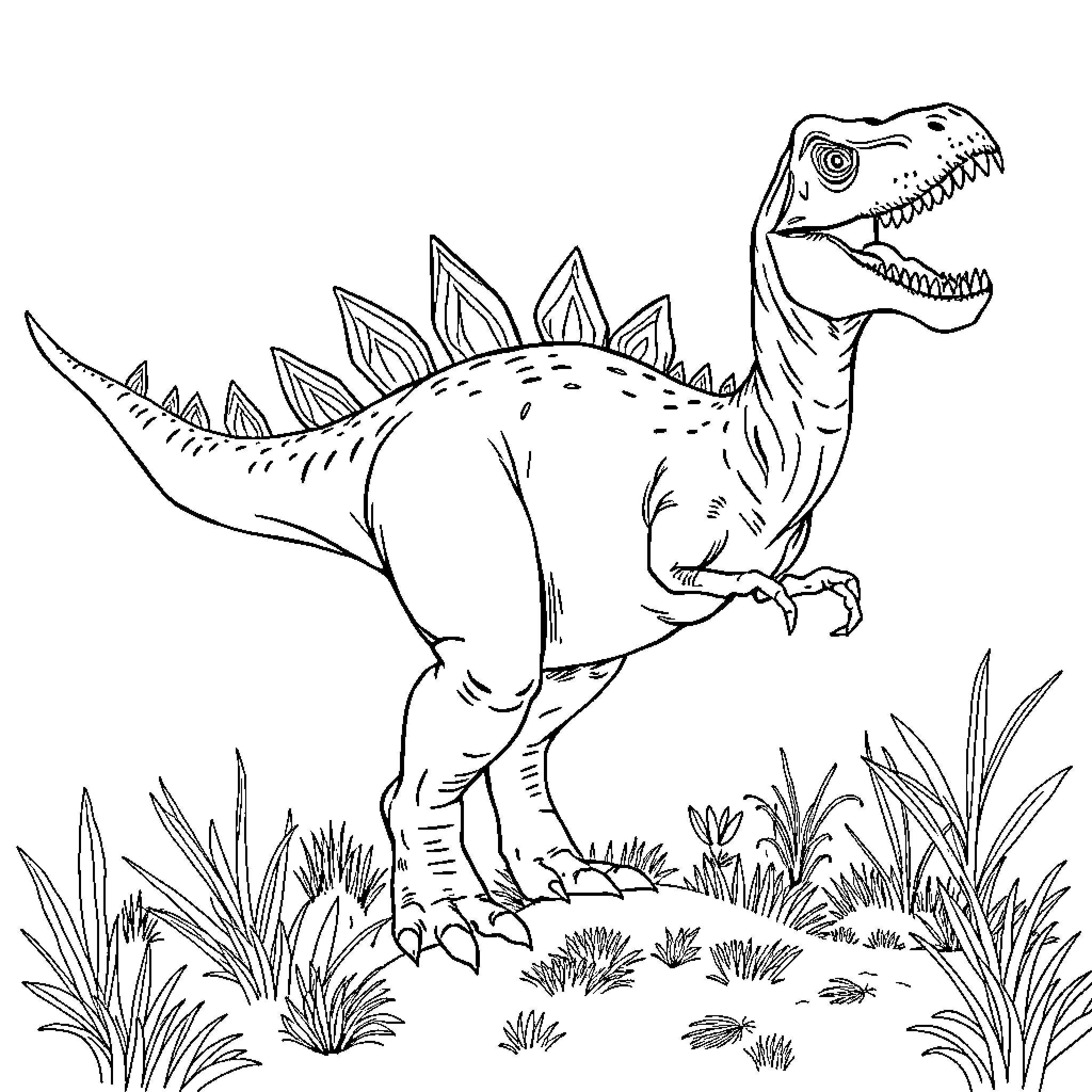 Dinosaur roaring in prehistoric landscape Coloring Page (free black-and-white line drawing printable PDF for all, from beginners to advanced learners, including children, teens, adults, and seniors)
