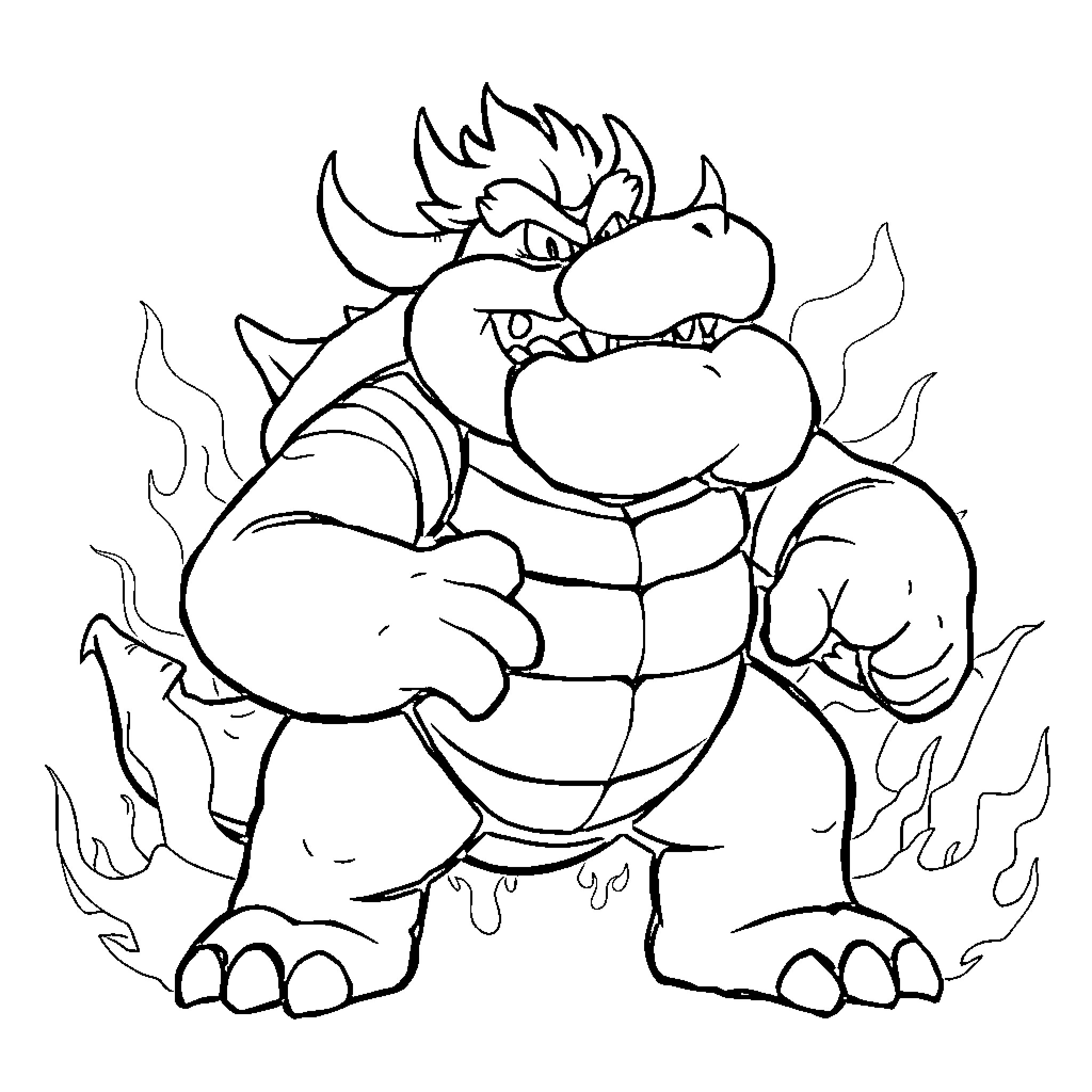 Bowser in a Fierce and Aggressive Pose Coloring Page (free black-and-white line drawing printable PDF for all, from beginners to advanced learners, including children, teens, adults, and seniors)