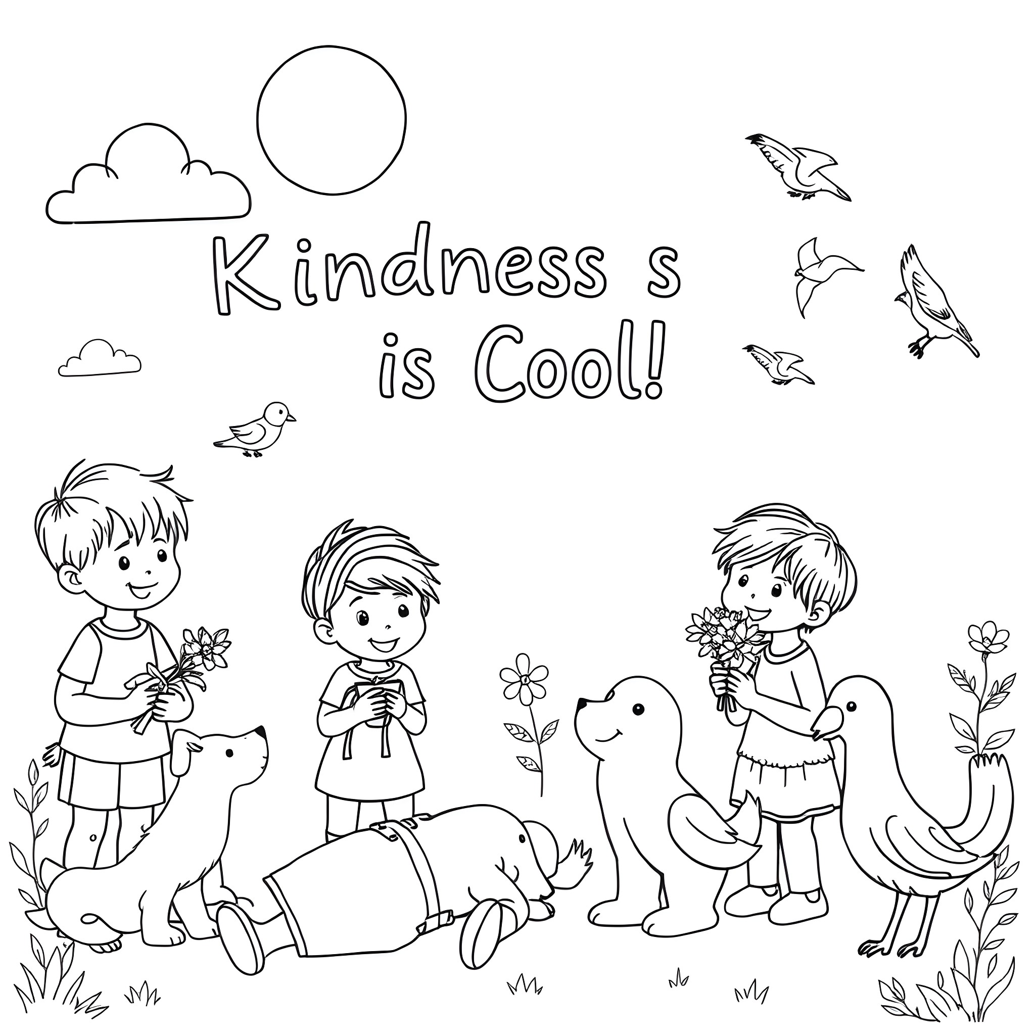 Kindness and Caring Among Children and Animals Coloring Page (free black-and-white line drawing printable PDF for all, from beginners to advanced learners, including children, teens, adults, and seniors)