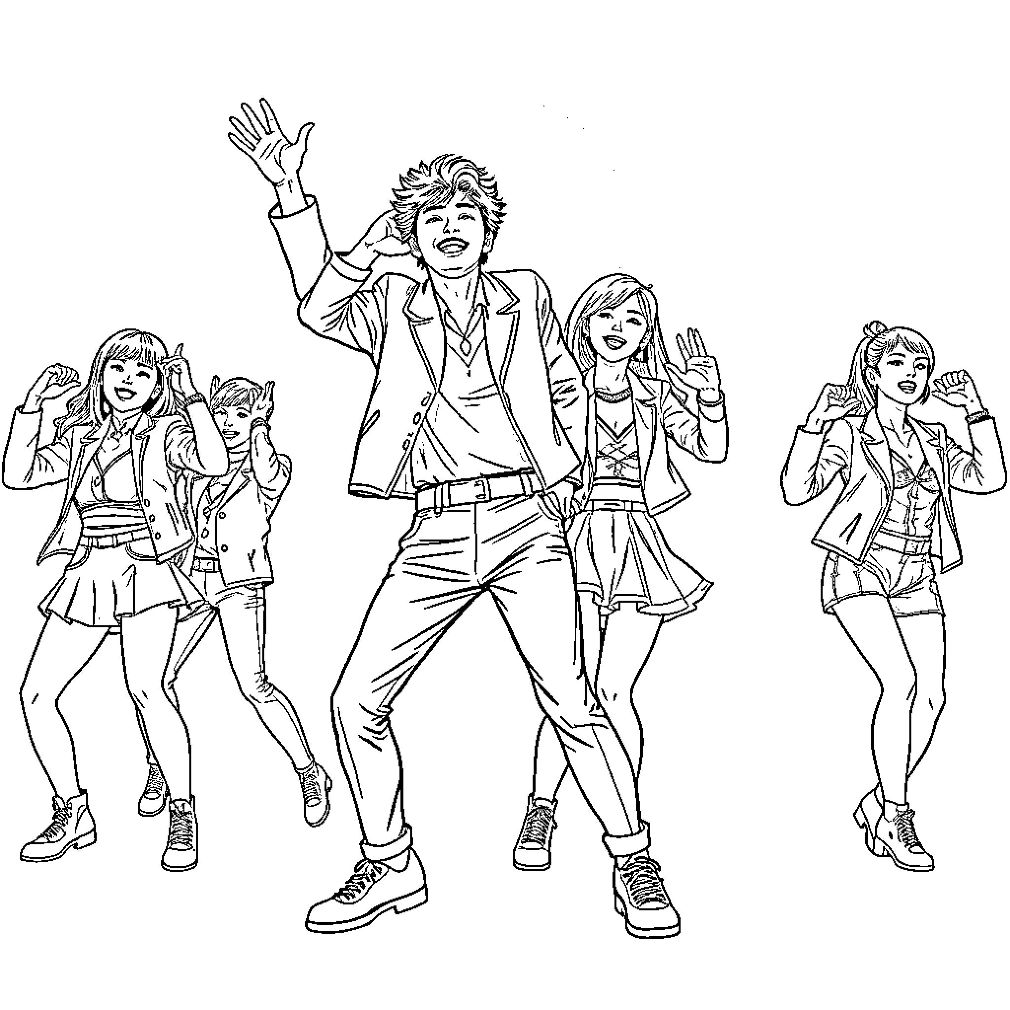 Kpop Performers Energetic Stage Presence Coloring Page (free black-and-white line drawing printable PDF for all, from beginners to advanced learners, including children, teens, adults, and seniors)