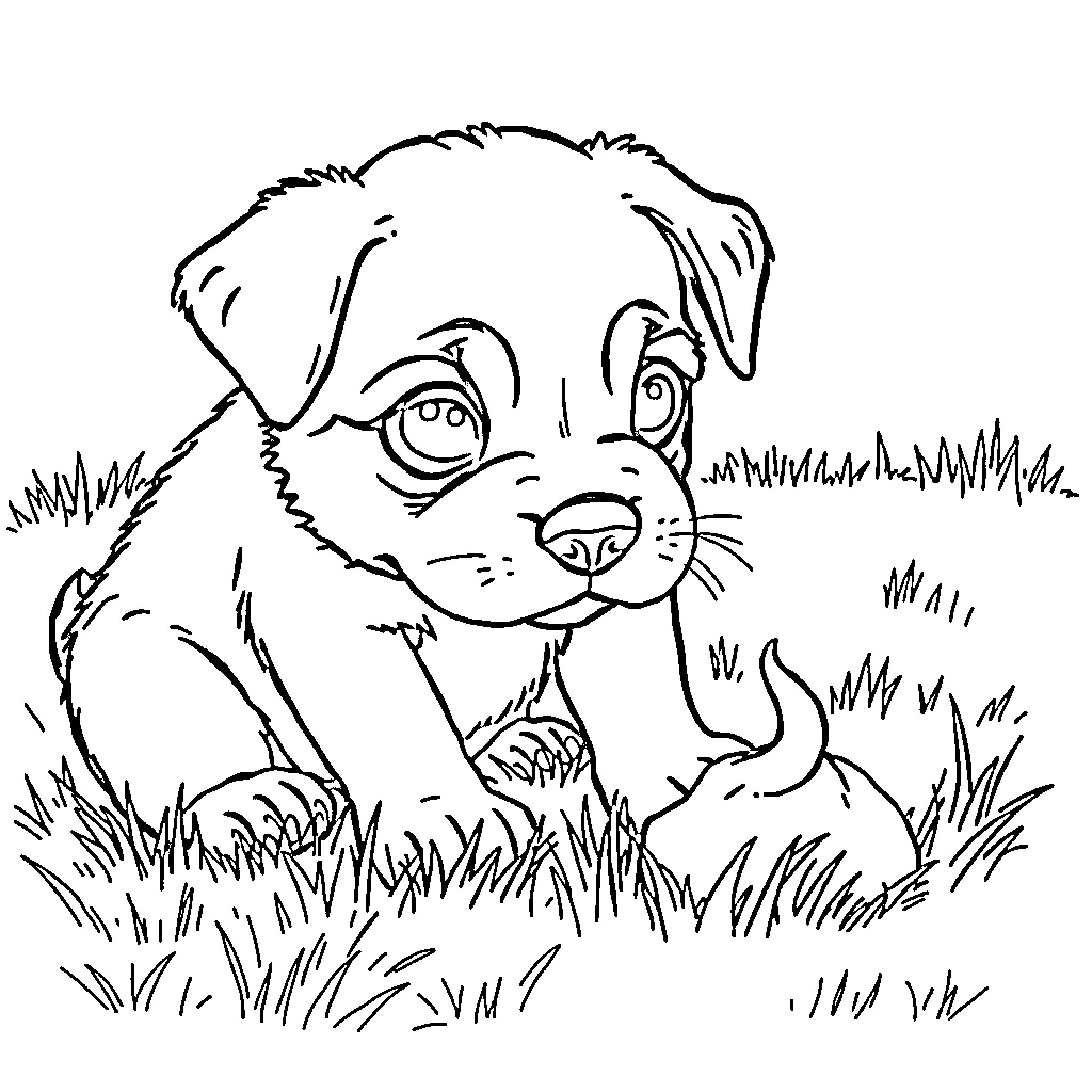 Puppy exploring the grassy outdoors Coloring Page (free black-and-white line drawing printable PDF for all, from beginners to advanced learners, including children, teens, adults, and seniors)