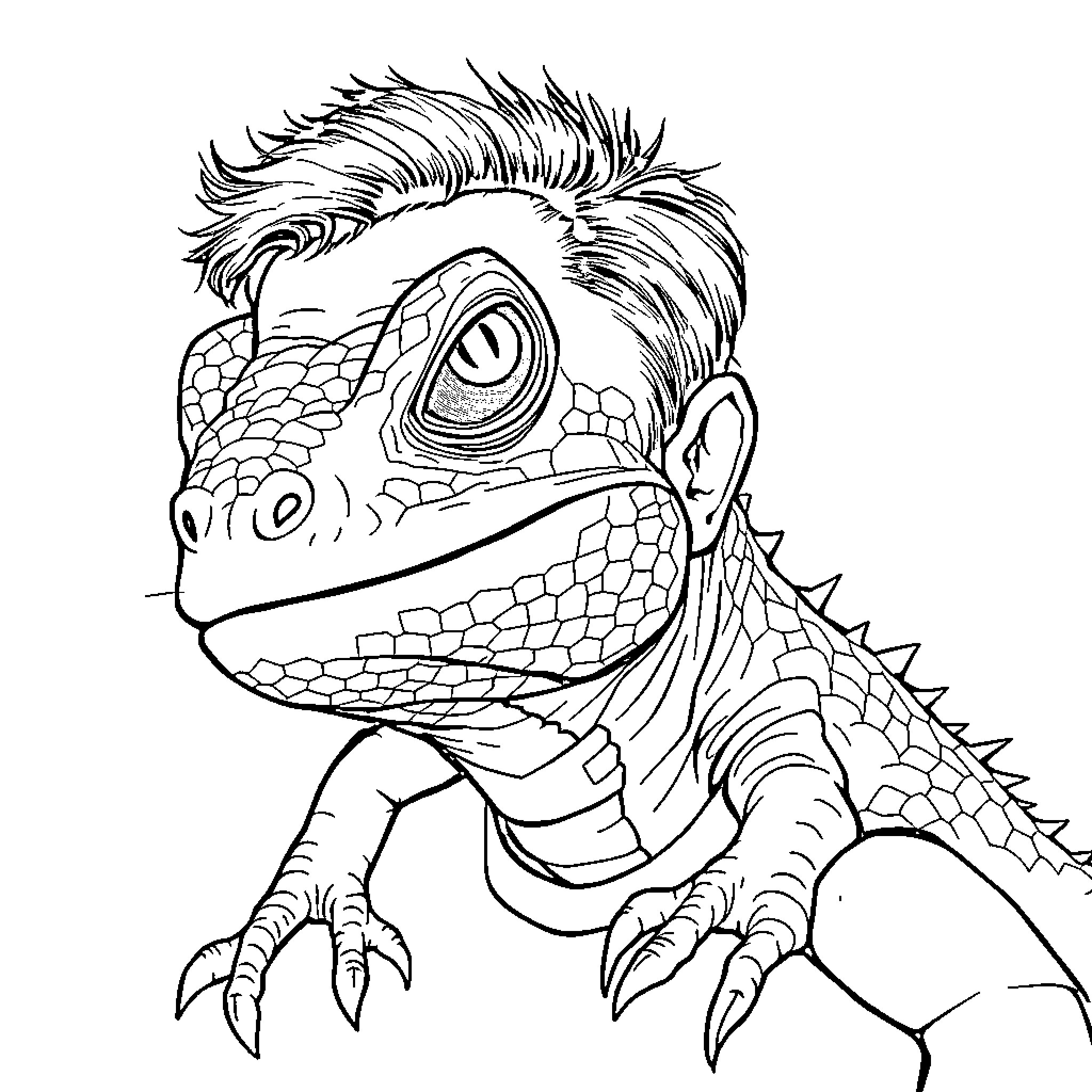 Elon Musk's Cartoon Reptilian Counterpart Coloring Page (free black-and-white line drawing printable PDF for all, from beginners to advanced learners, including children, teens, adults, and seniors)