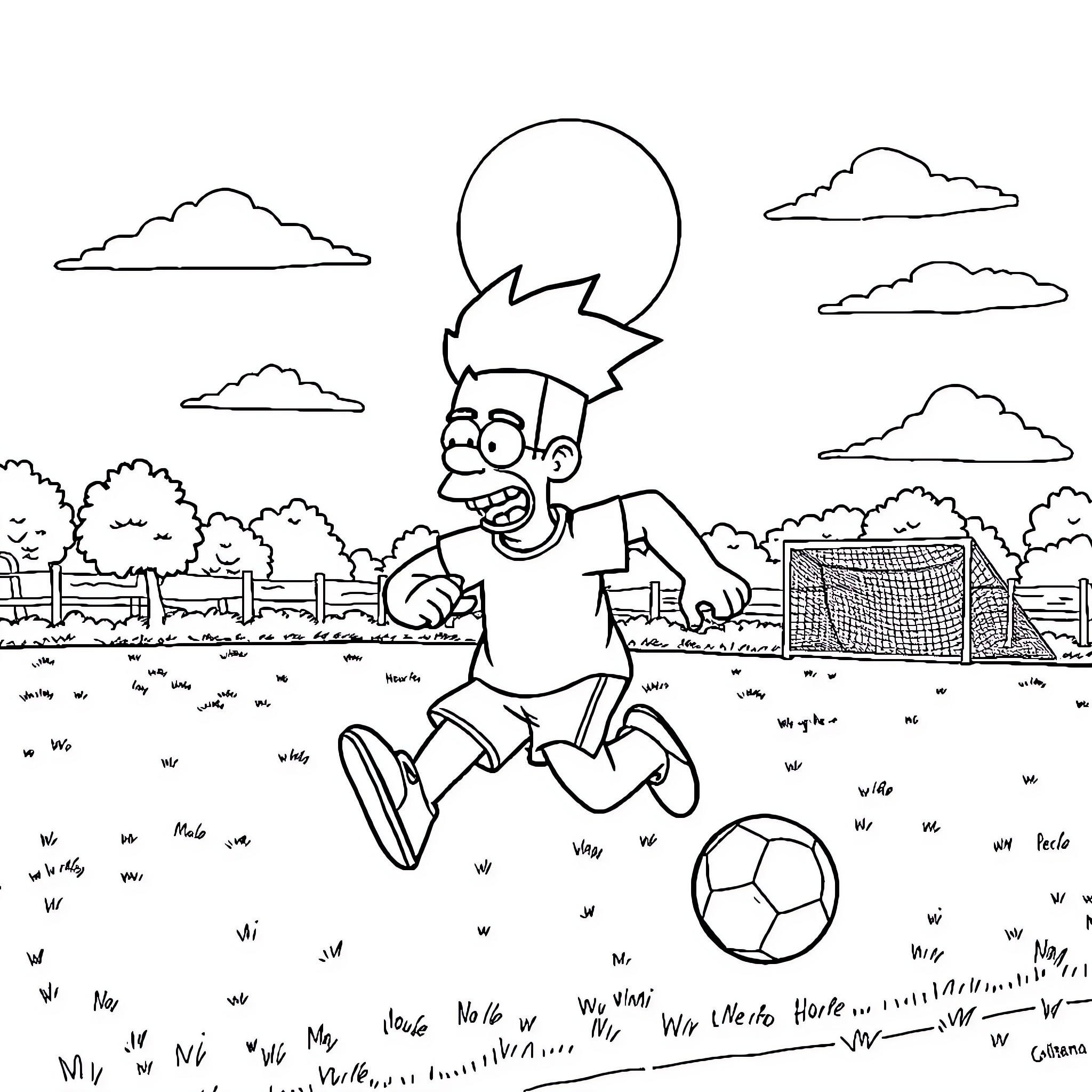 Homer playing soccer in a rural setting Coloring Page (free black-and-white line drawing printable PDF for all, from beginners to advanced learners, including children, teens, adults, and seniors)