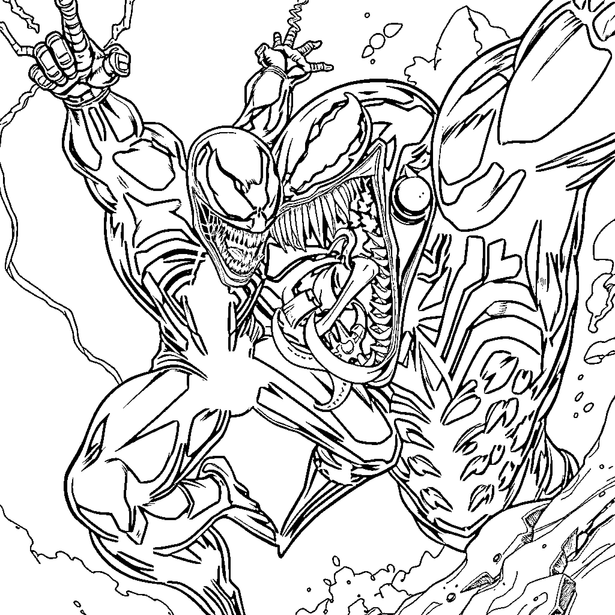 Venom's Fierce Attack against the Adversary Coloring Page (free black-and-white line drawing printable PDF for all, from beginners to advanced learners, including children, teens, adults, and seniors)