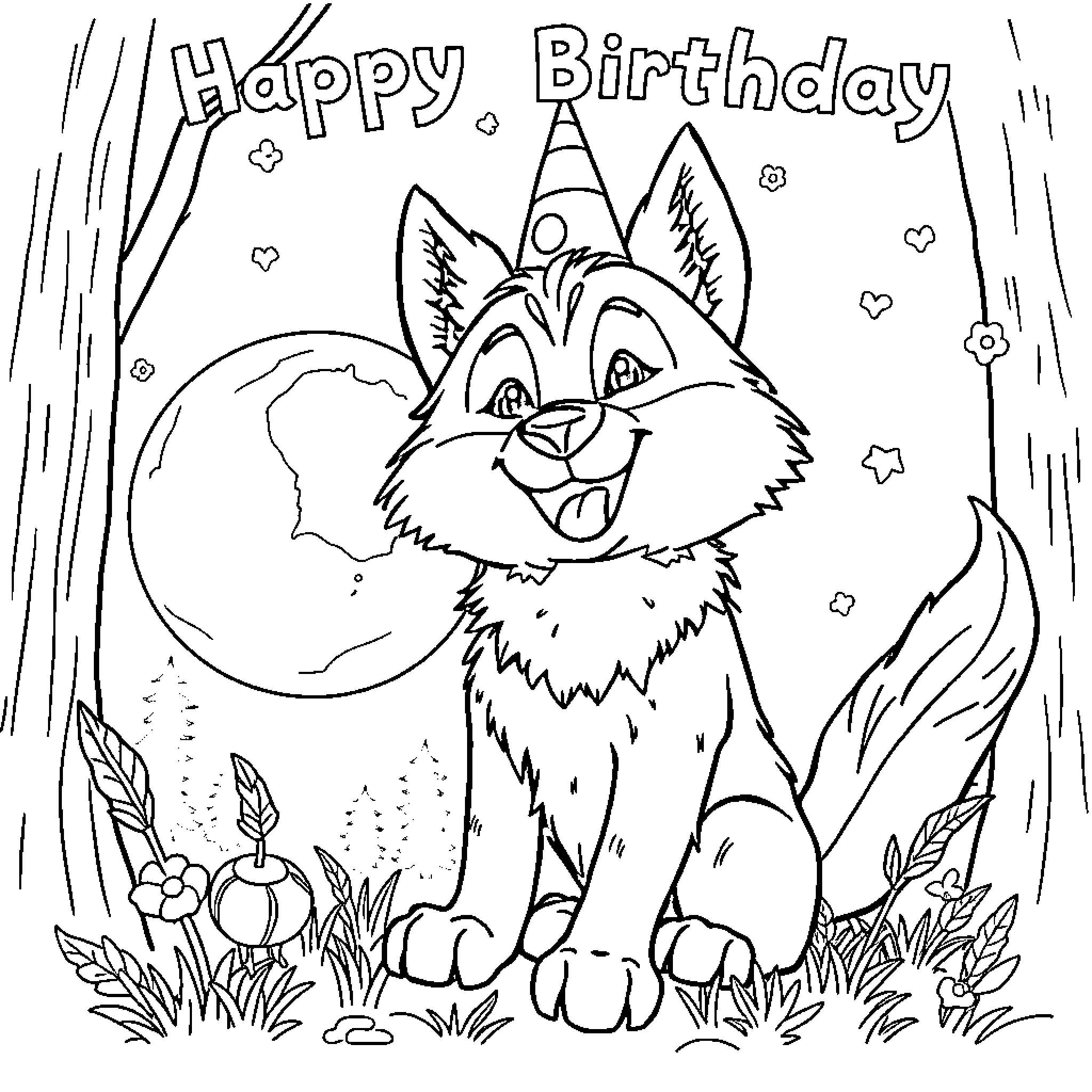 Wolf Cub celebrating happy birthday in the forest Coloring Page (free black-and-white line drawing printable PDF for all, from beginners to advanced learners, including children, teens, adults, and seniors)