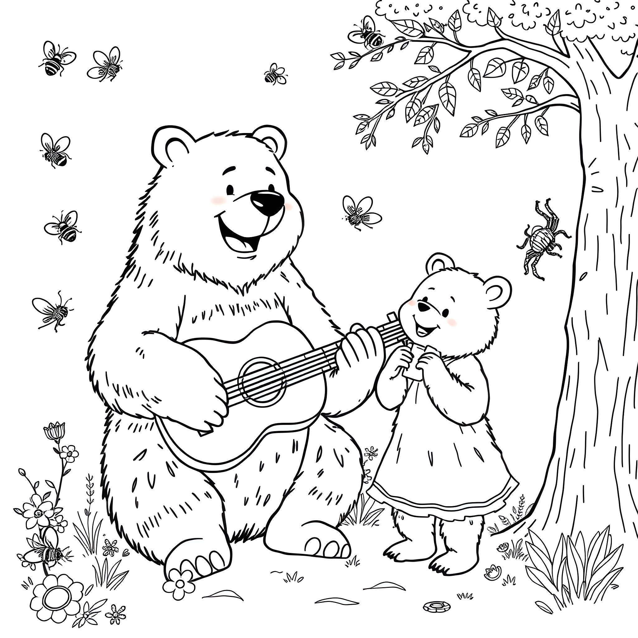 Bear family playing musical instruments in the forest Coloring Page (free black-and-white line drawing printable PDF for all, from beginners to advanced learners, including children, teens, adults, and seniors)
