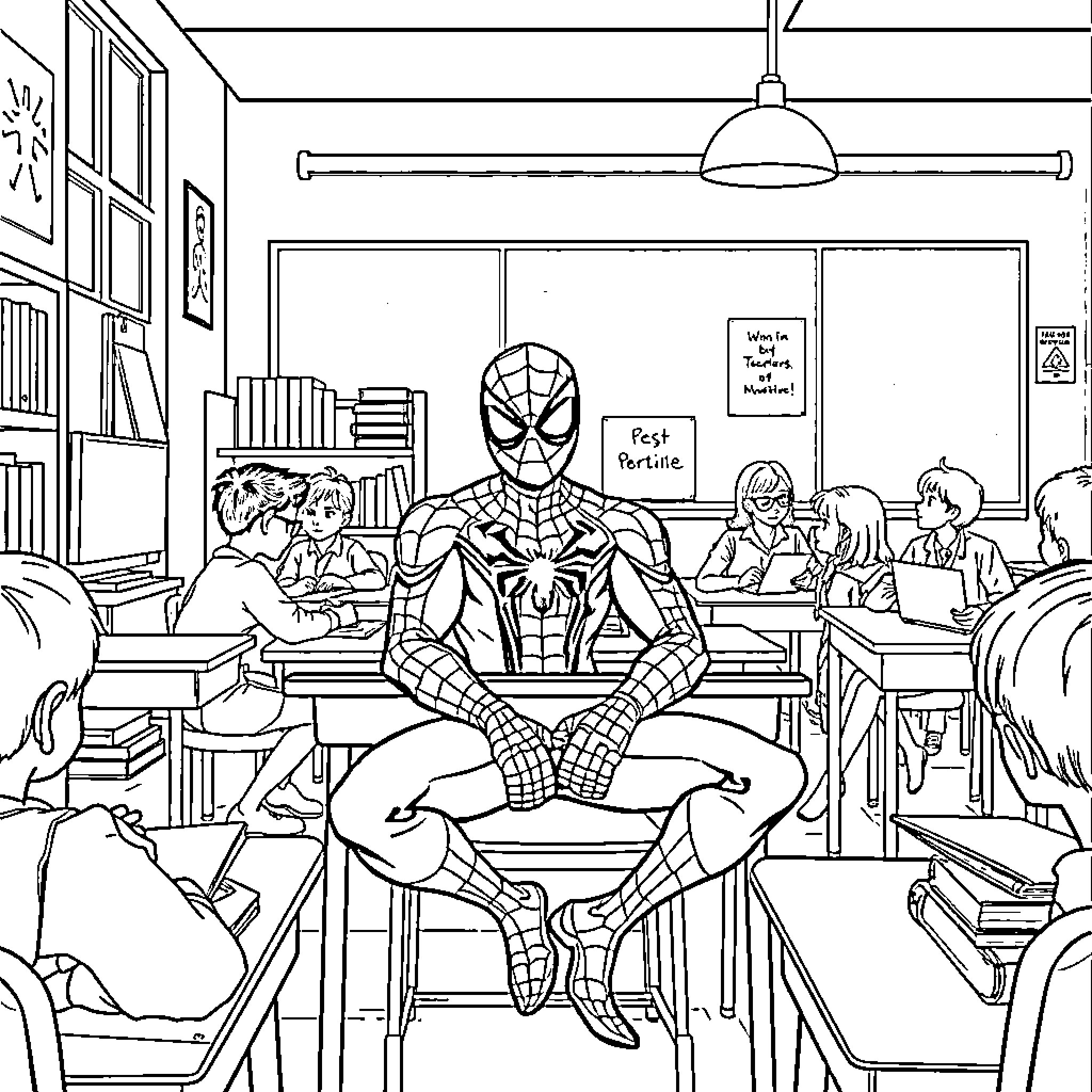 Spiderman studying with students in a classroom Coloring Page (free black-and-white line drawing printable PDF for all, from beginners to advanced learners, including children, teens, adults, and seniors)