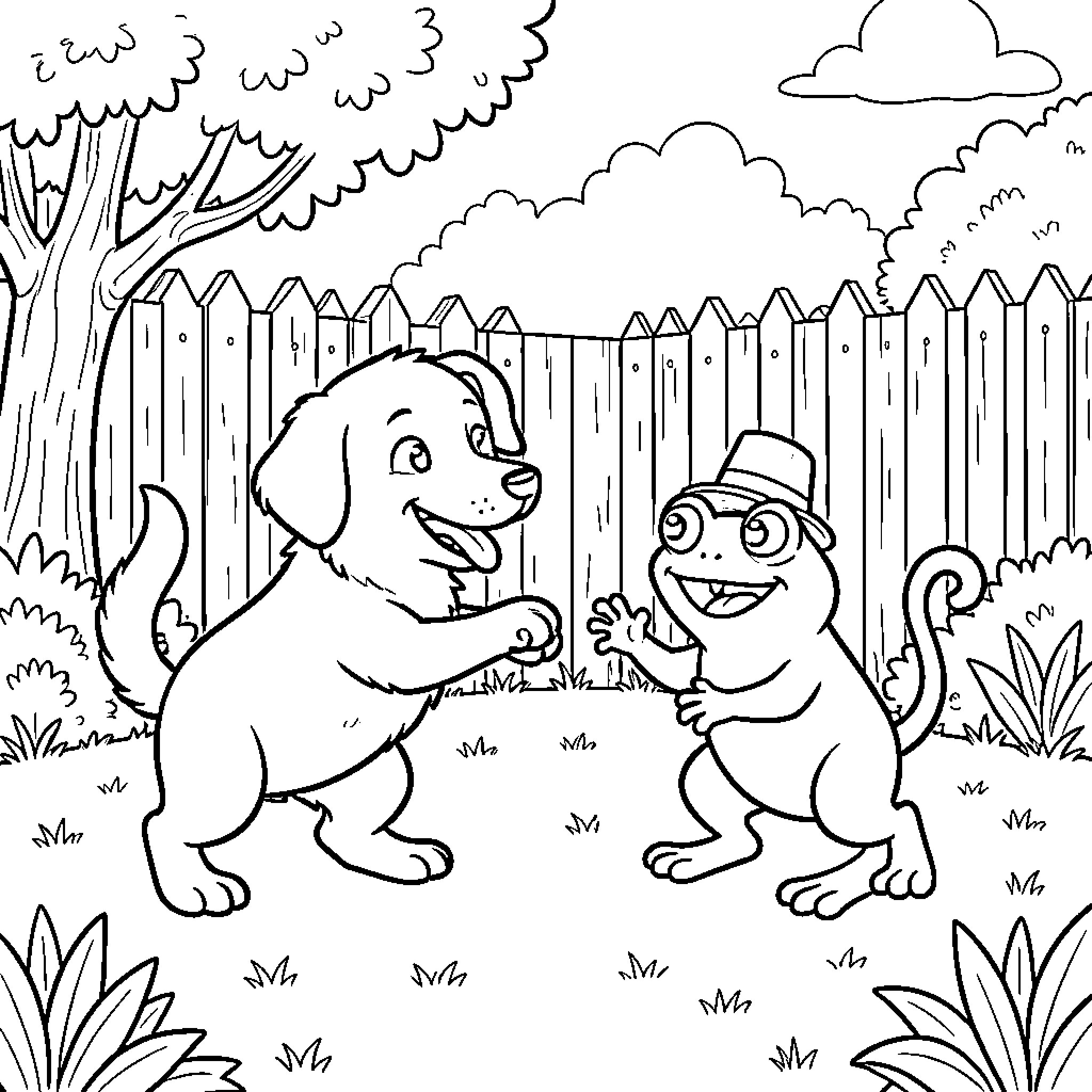 Dog playing with squirrel in backyard Coloring Page (free black-and-white line drawing printable PDF for all, from beginners to advanced learners, including children, teens, adults, and seniors)