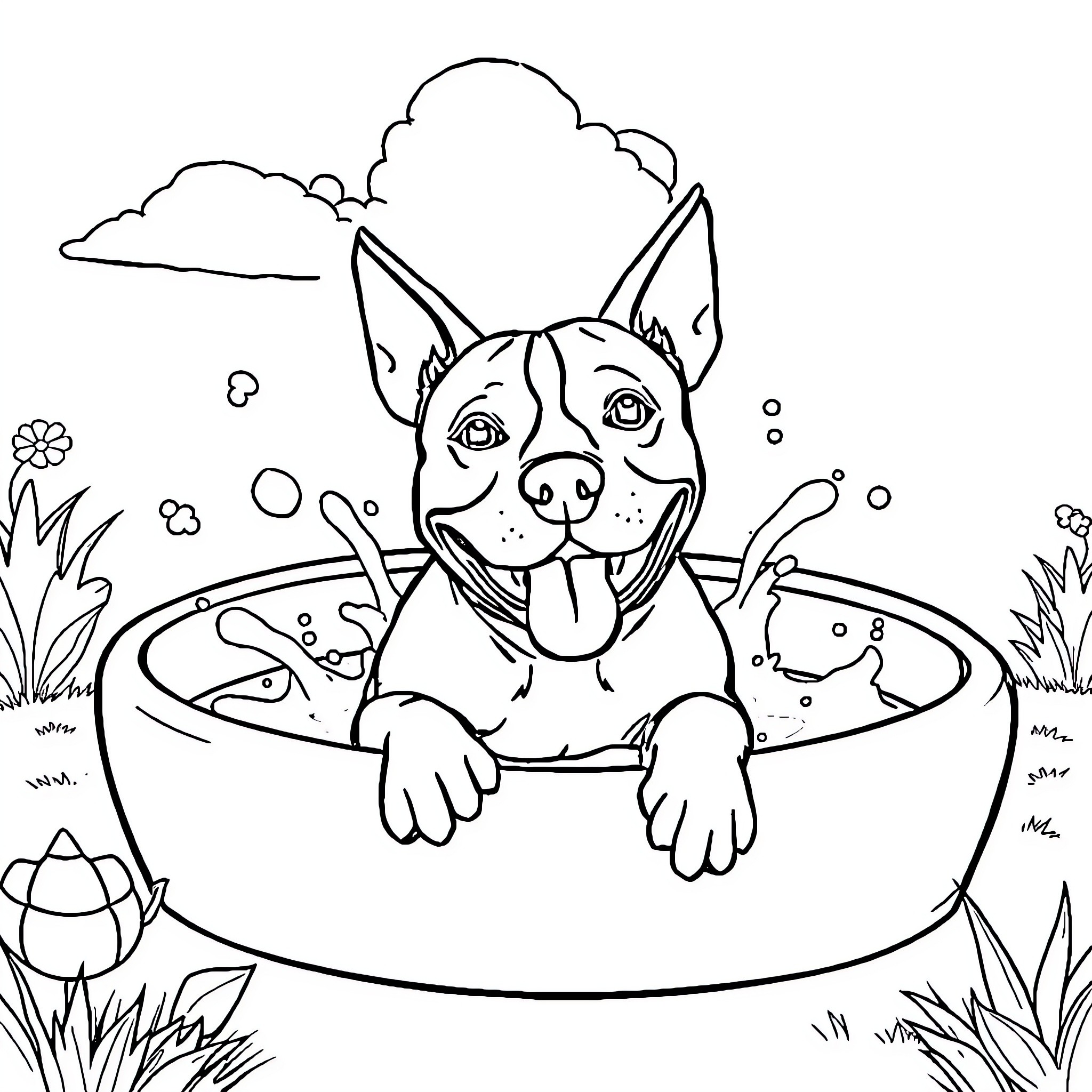 Pitbull enjoying a relaxing day in the park Coloring Page (free black-and-white line drawing printable PDF for all, from beginners to advanced learners, including children, teens, adults, and seniors)
