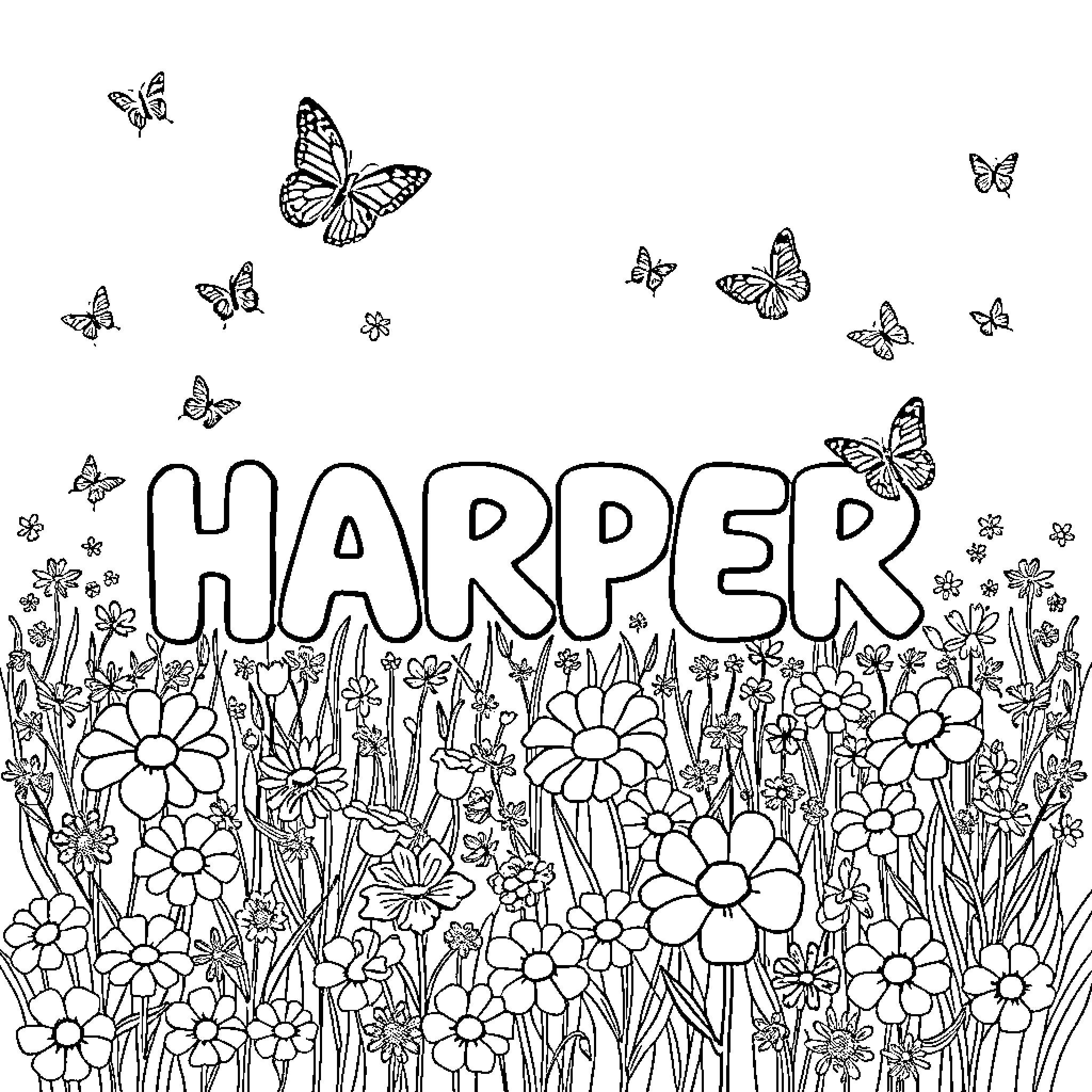 Harper's Whimsical Garden with Fluttering Butterflies Coloring Page (free black-and-white line drawing printable PDF for all, from beginners to advanced learners, including children, teens, adults, and seniors)